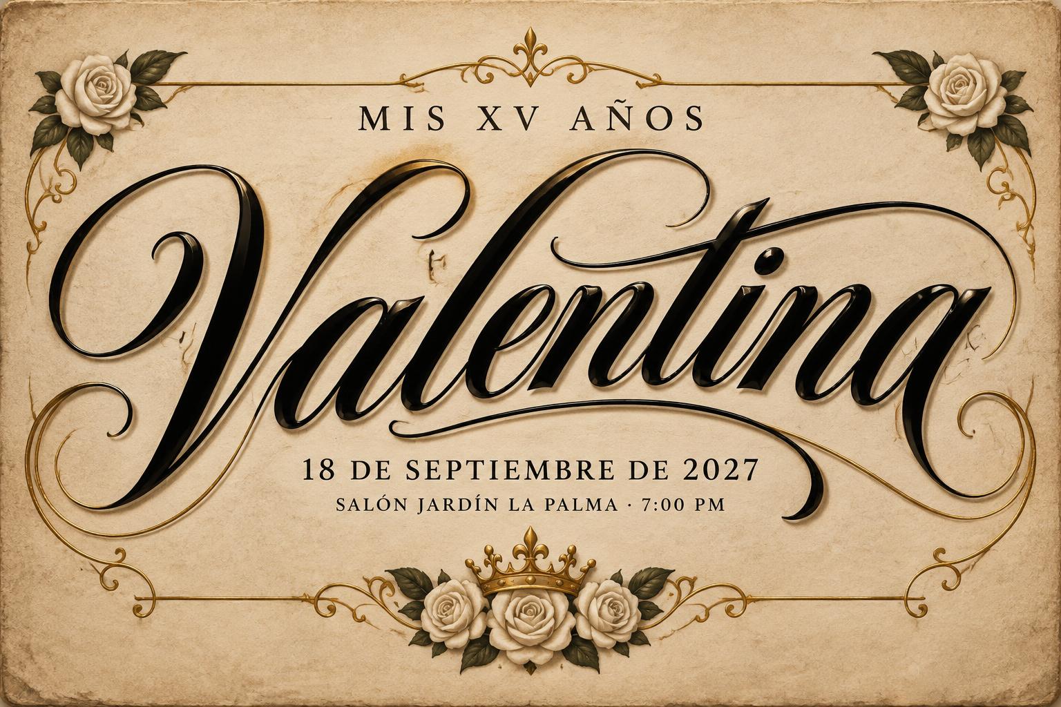 "VALENTINA
MIS XV AÑOS
18 DE SEPTIEMBRE DE 2027
SALÓN JARDÍN LA PALMA · 7:00 PM" — Chicano text effect