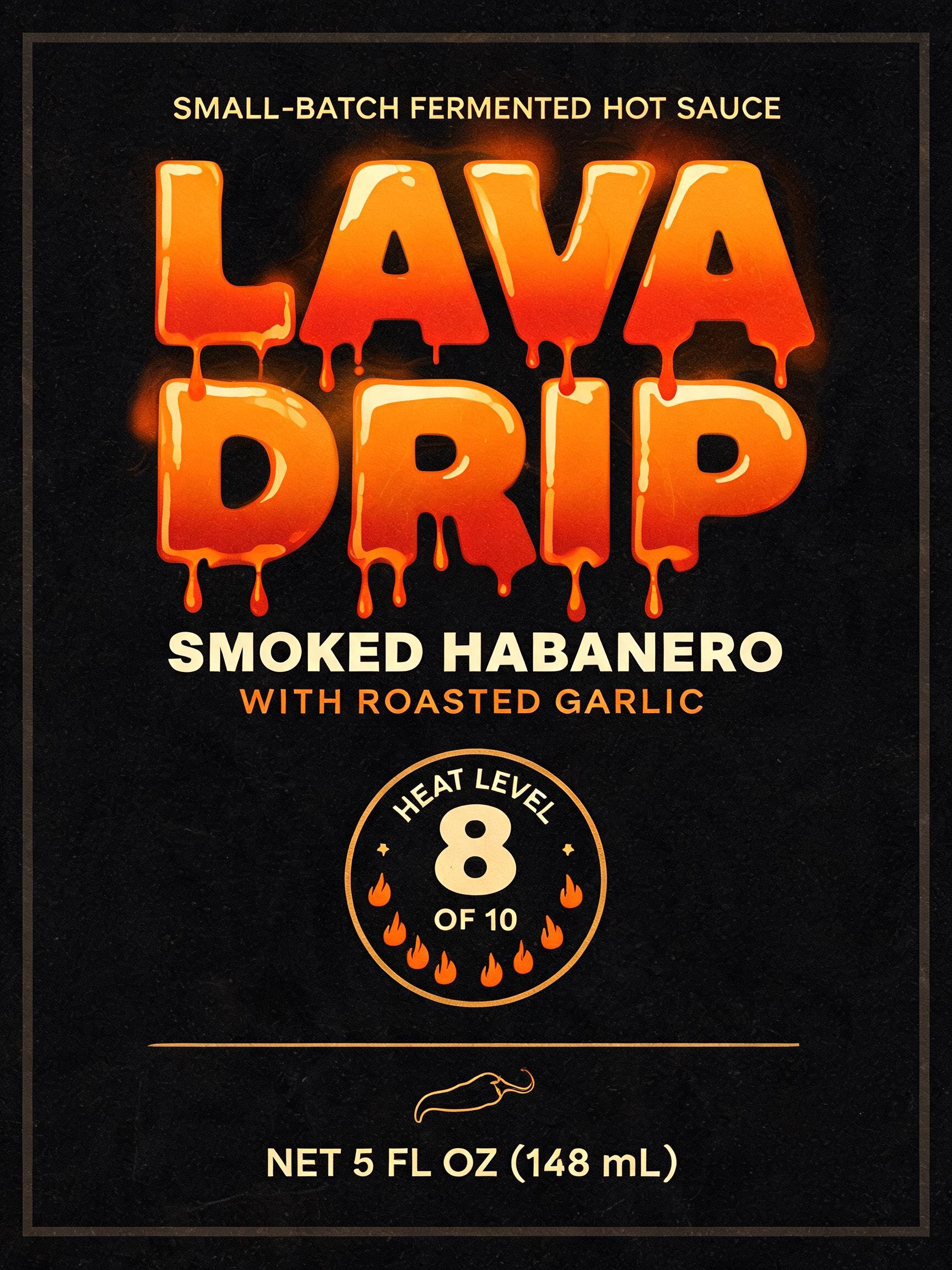 "Design a hot sauce label for the brand Lava Drip" — Drip Font Melting text effect