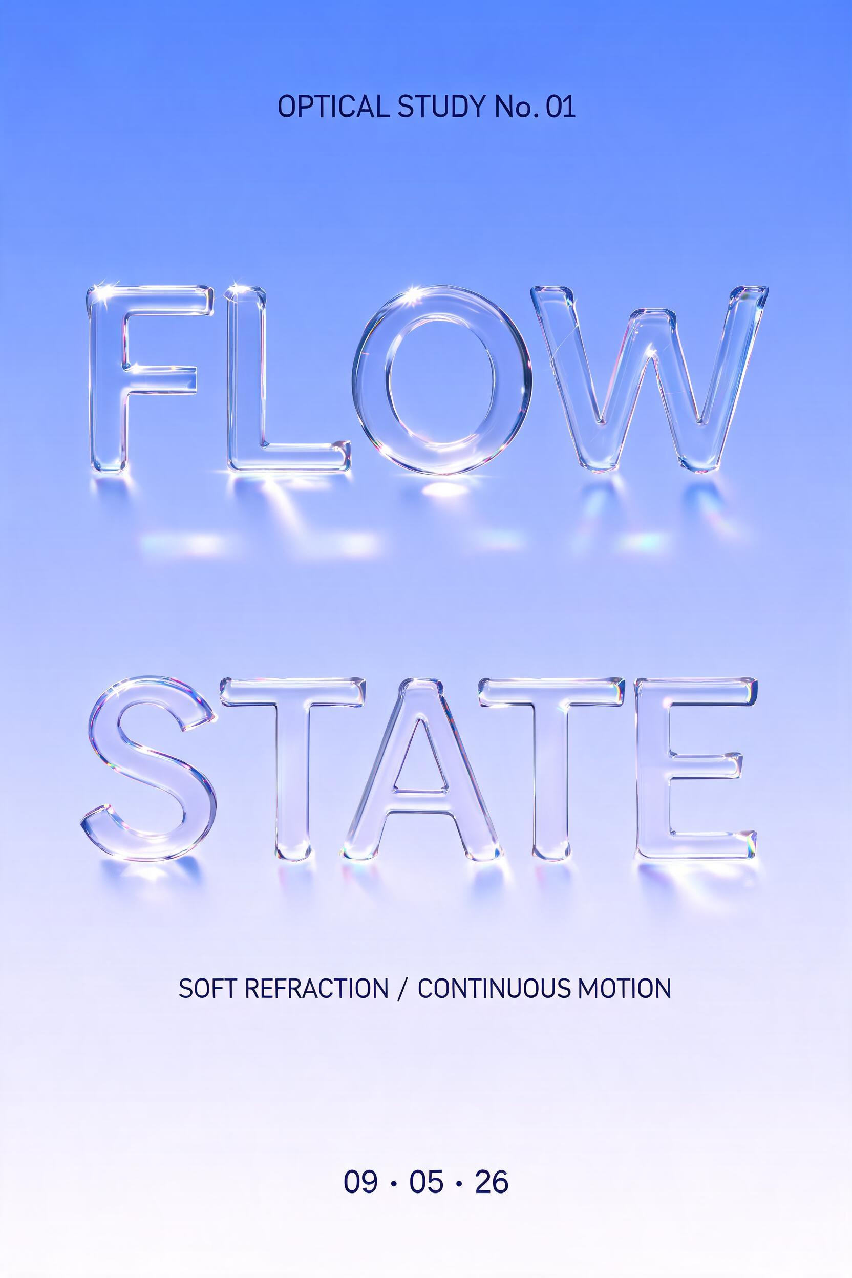 "FLOW
STATE
OPTICAL STUDY No. 01
SOFT REFRACTION / CONTINUOUS MOTION
09 · 05 · 26" — Glass | AI Text Effect Generator