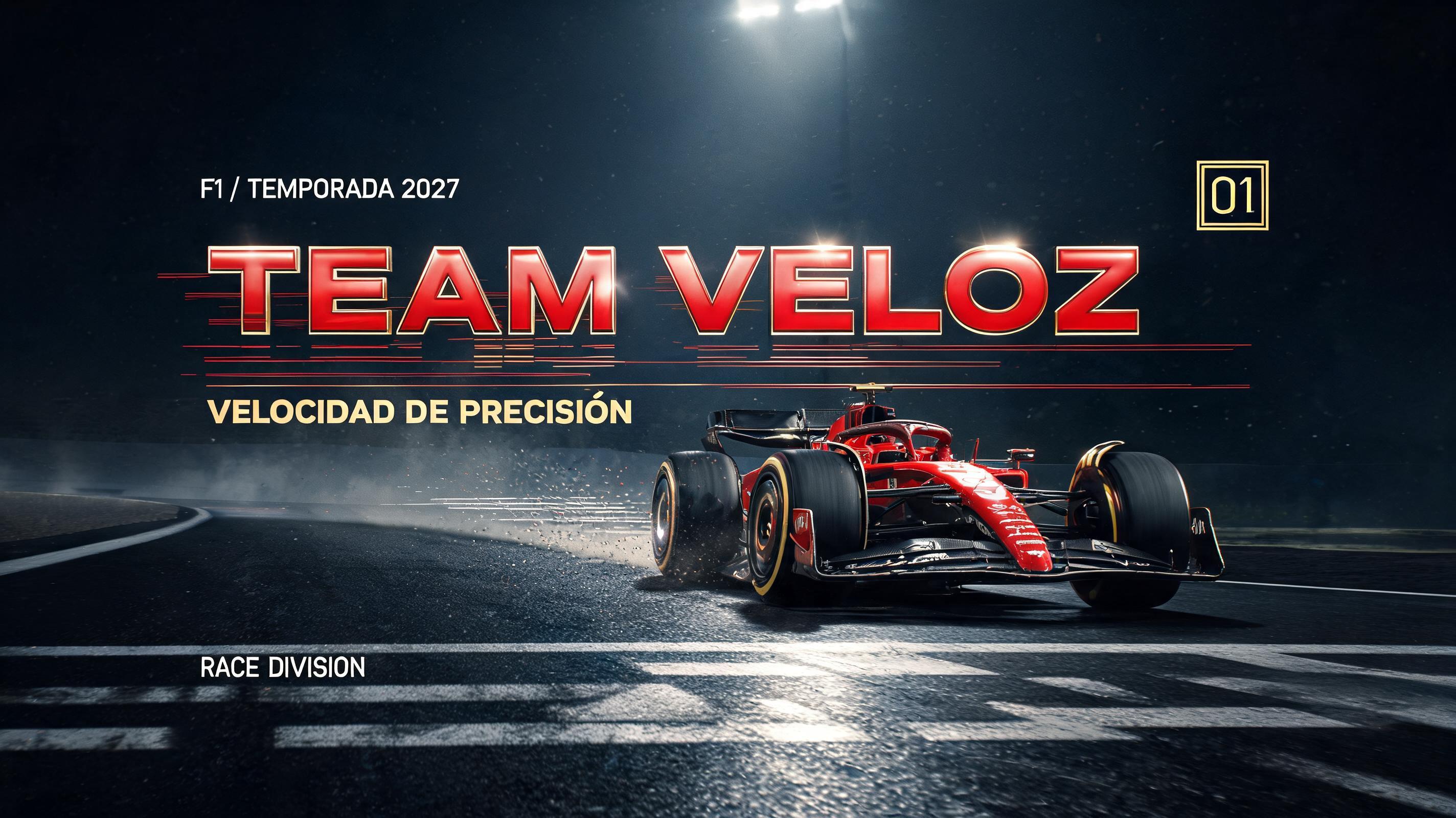 "TEAM VELOZ
F1 // TEMPORADA 2027
VELOCIDAD DE PRECISIÓN
01
RACE DIVISION" — Racing | AI Text Effect Generator