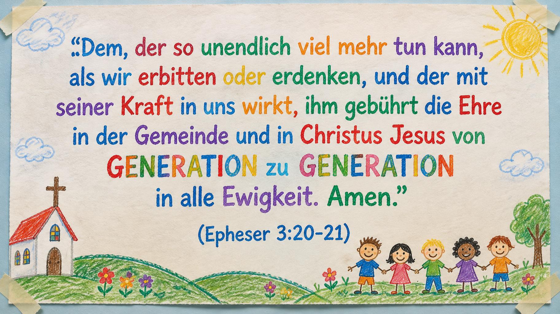 "“Dem, der so unendlich viel mehr tun kann, als wir erbitten oder erdenken, und der mit seiner Kraft in uns wirkt, ihm gebührt die Ehre in der Gemeinde und in Christus Jesus von GENERATION zu GENERATION in alle Ewigkeit. Amen.”
(Epheser 3:20-21)" —  | AI Text Effect Generator