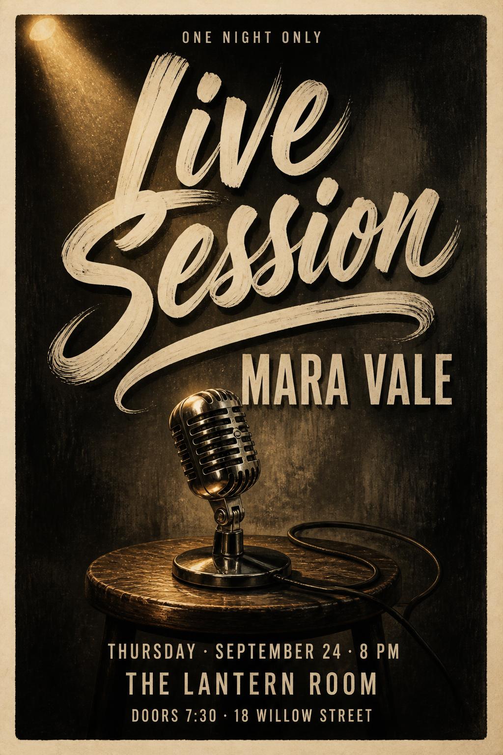 "Live
Session
ONE NIGHT ONLY
MARA VALE
THURSDAY · SEPTEMBER 24 · 8 PM
THE LANTERN ROOM
DOORS 7:30 · 18 WILLOW STREET" — Brush Stroke | AI Text Effect Generator