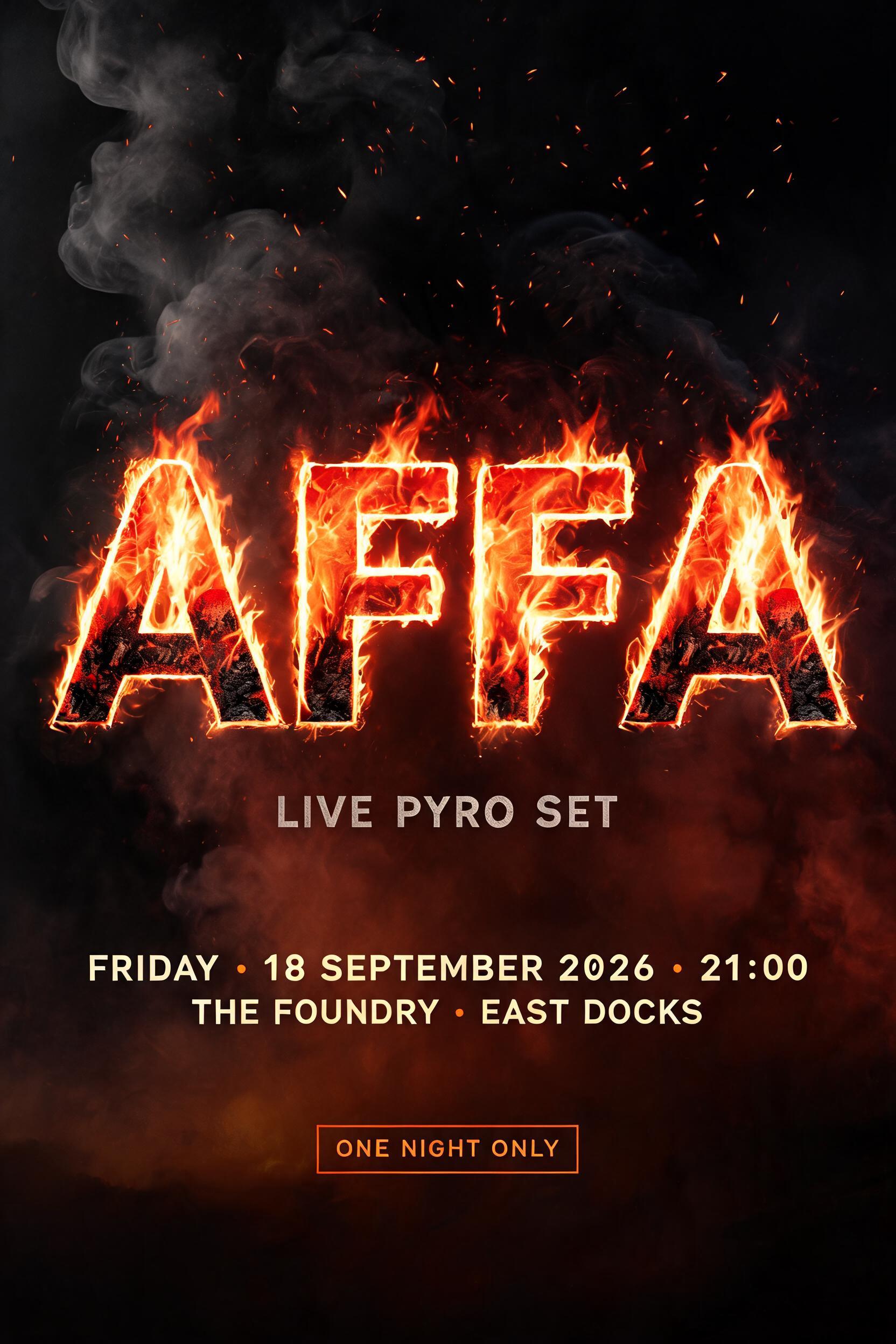 AFFA
LIVE PYRO SET
FRIDAY · 18 SEPTEMBER 2026 · 21:00
THE FOUNDRY · EAST DOCKS
ONE NIGHT ONLY