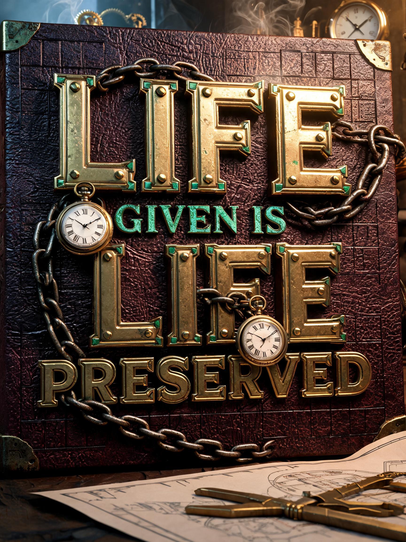 "The words on the book cover are LIFE GIVEN IS LIFE PRESERVED. Emphasize on LIFE. There are also chains in between the letters and clocks. Clean steampunk-y style." — Steampunk | AI Text Effect Generator