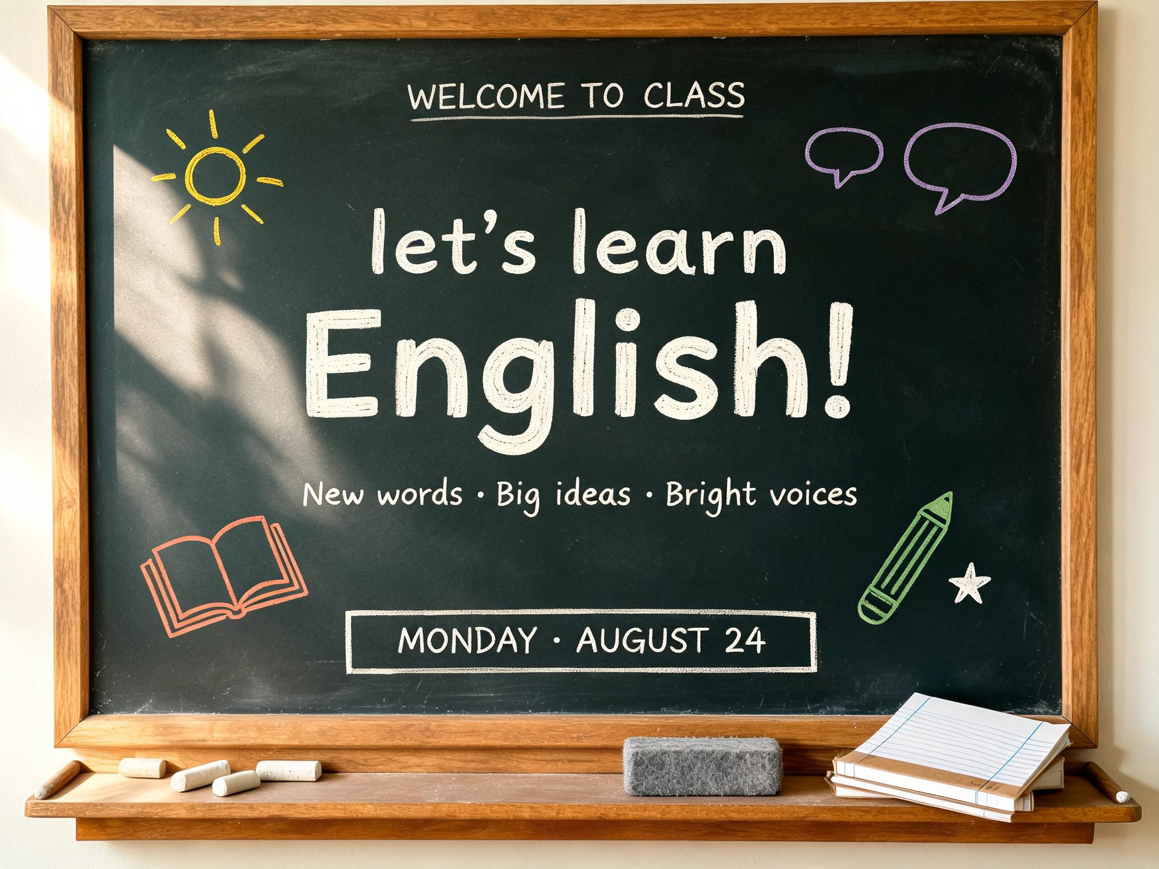 "I want a school chalkboard that says “let’s learn English!”. I would like it to look very inviting and cheerful" — Chalk | AI Text Effect Generator