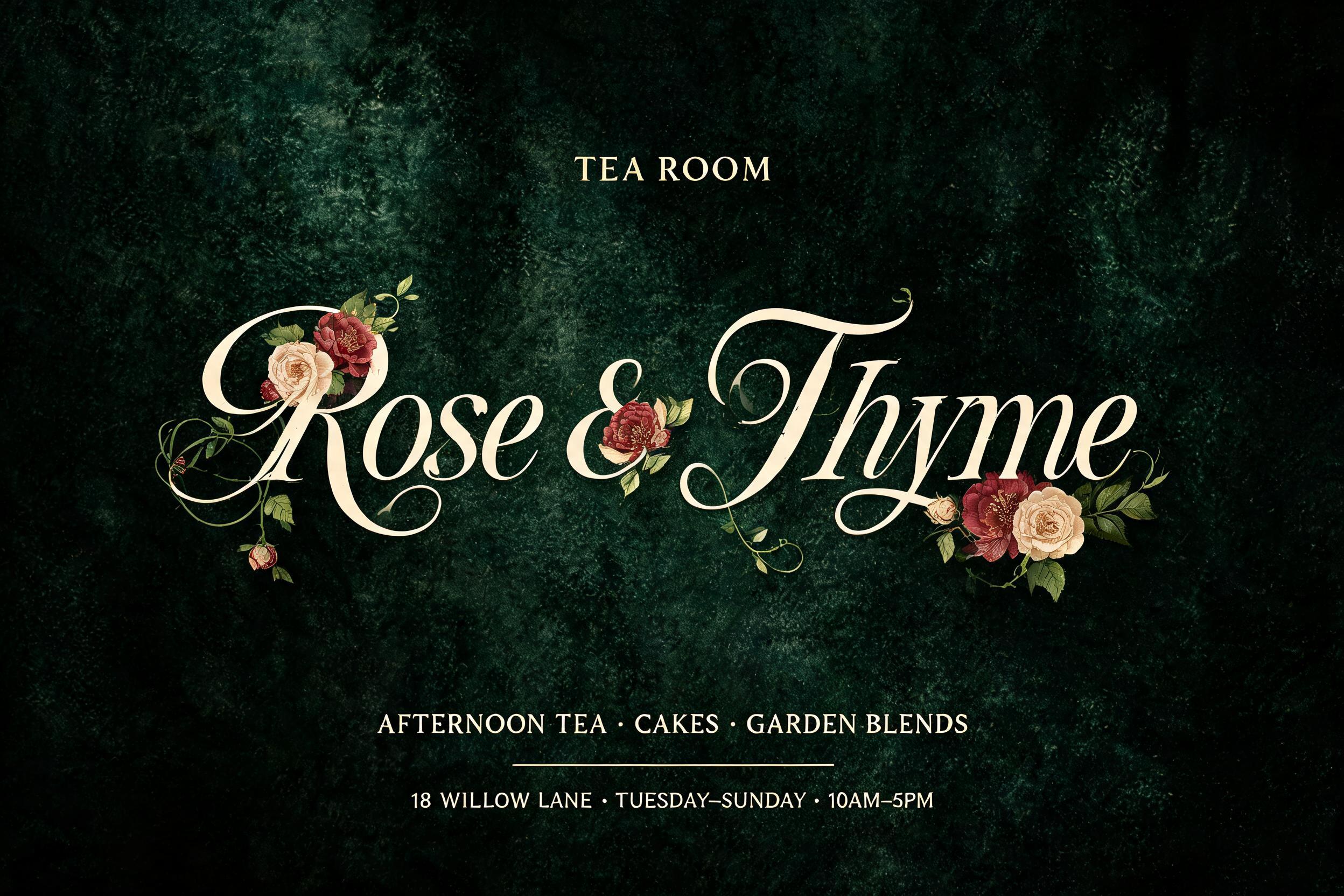 Rose & Thyme
TEA ROOM
AFTERNOON TEA · CAKES · GARDEN BLENDS
18 WILLOW LANE · TUESDAY–SUNDAY · 10AM–5PM