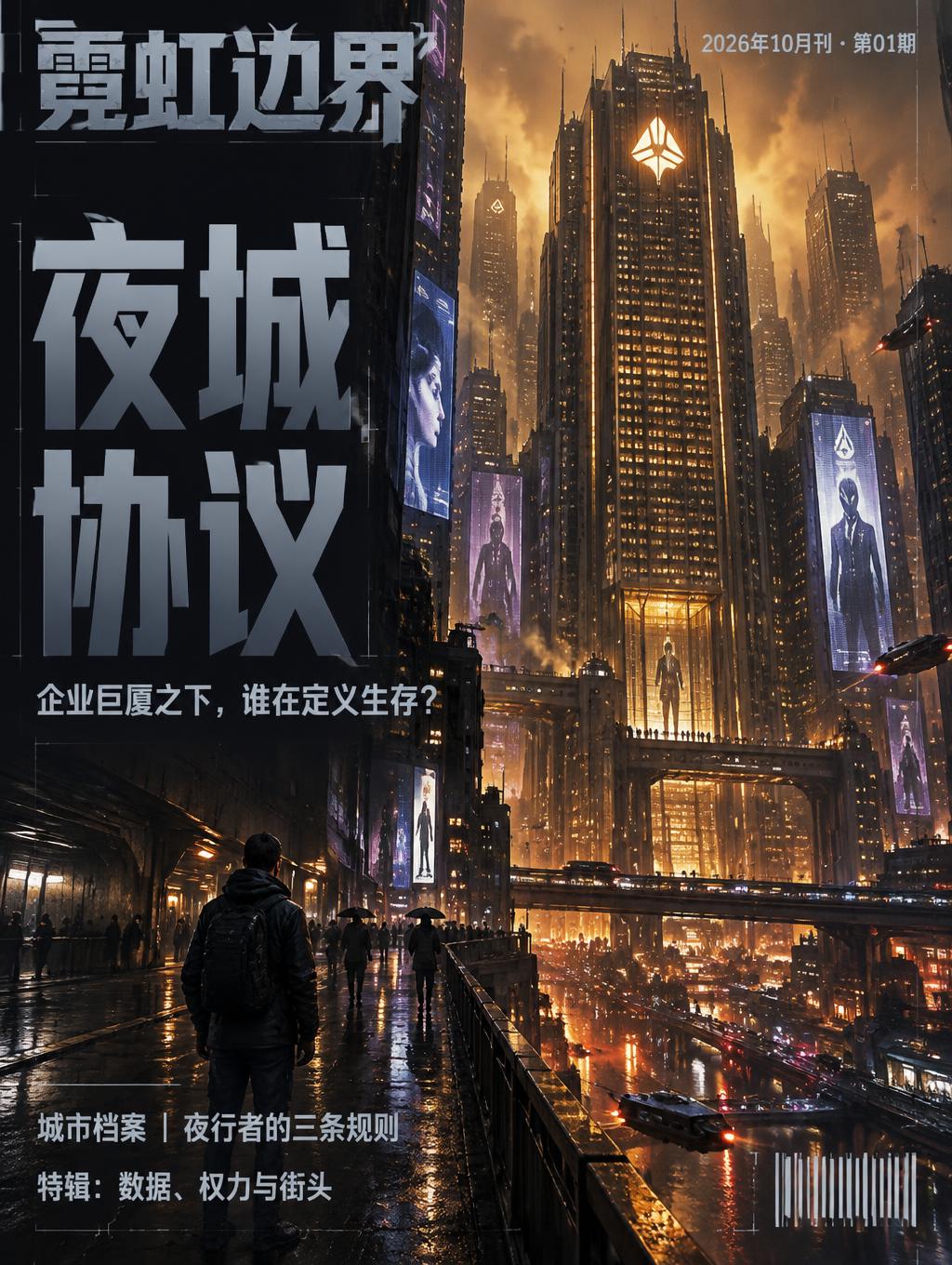"夜城协议
霓虹边界
企业巨厦之下，谁在定义生存？
城市档案｜夜行者的三条规则
特辑：数据、权力与街头
2026年10月刊 · 第01期" — Cyberpunk 2077 | AI Text Effect Generator