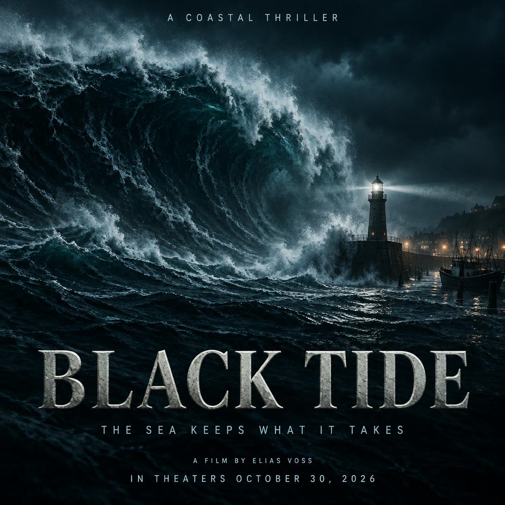 "BLACK TIDE
A COASTAL THRILLER
THE SEA KEEPS WHAT IT TAKES
A FILM BY ELIAS VOSS
IN THEATERS OCTOBER 30, 2026" — Cinematic | AI Text Effect Generator