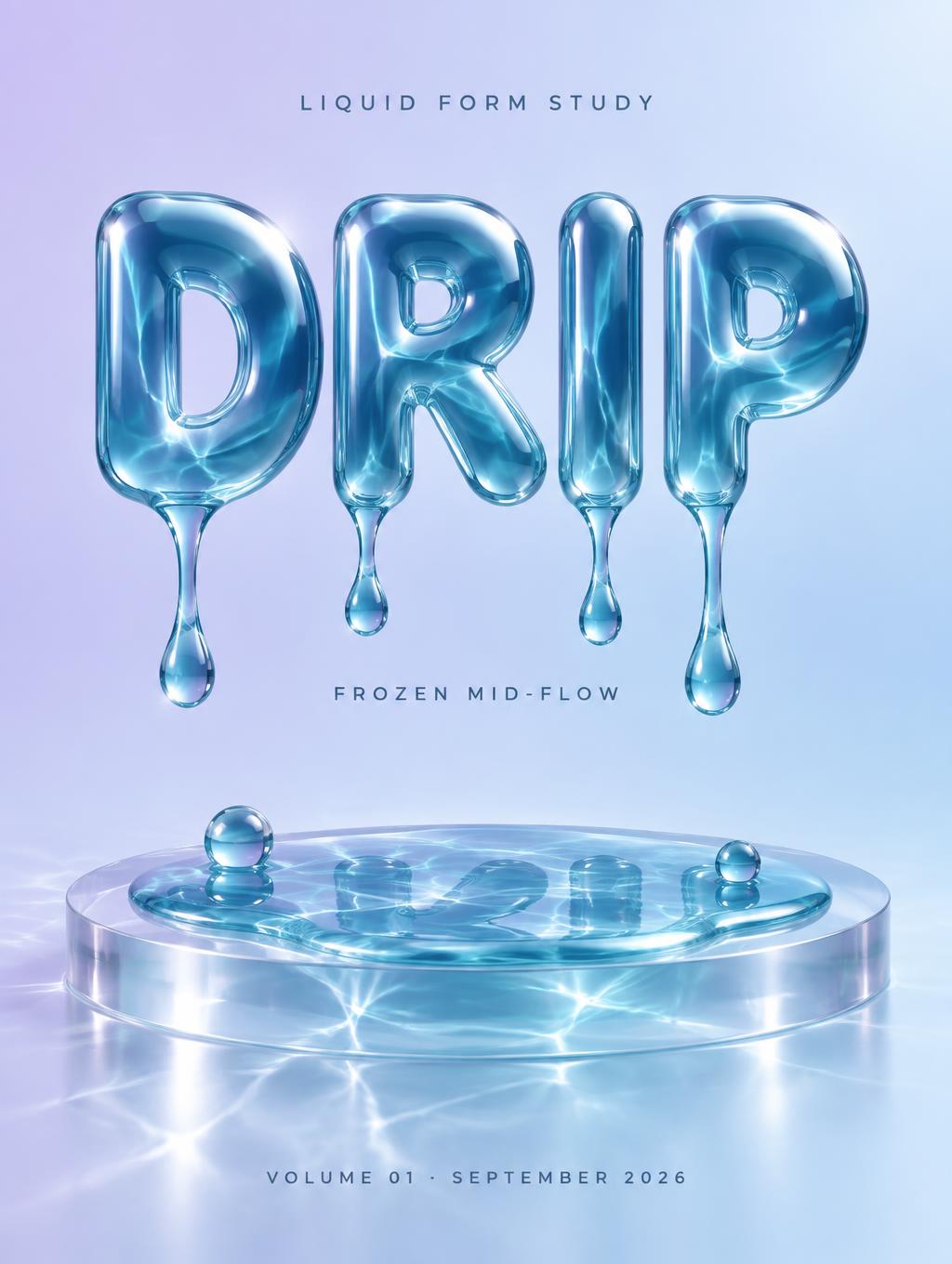"DRIP
LIQUID FORM STUDY
FROZEN MID-FLOW
VOLUME 01 · SEPTEMBER 2026" — Glass Liquid | AI Text Effect Generator