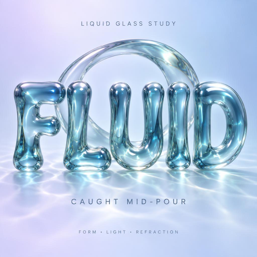 "FLUID
LIQUID GLASS STUDY
CAUGHT MID-POUR
FORM · LIGHT · REFRACTION" — Glass Liquid | AI Text Effect Generator