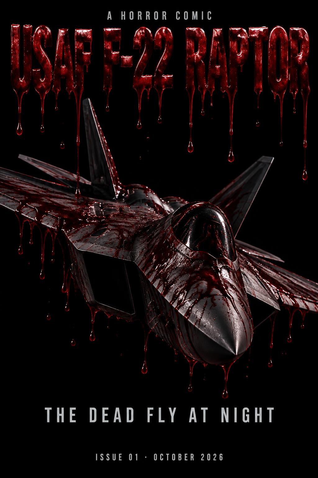 "USAF F-22 RAPTOR
THE DEAD FLY AT NIGHT
A HORROR COMIC
ISSUE 01 · OCTOBER 2026" — Drip Font Blood | AI Text Effect Generator
