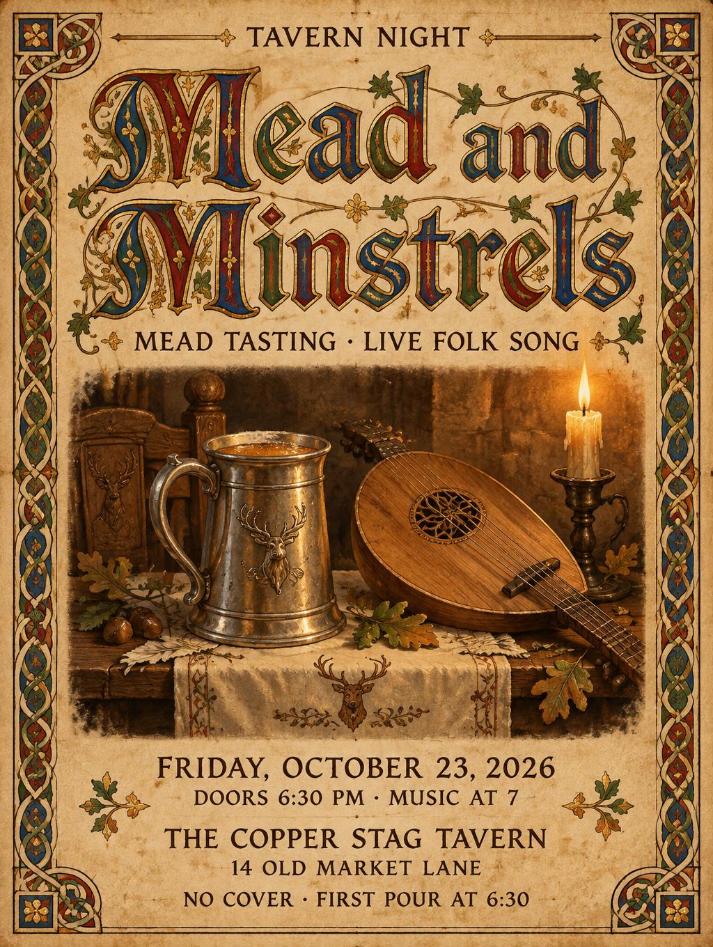 "Mead and Minstrels
TAVERN NIGHT
MEAD TASTING · LIVE FOLK SONG
FRIDAY, OCTOBER 23, 2026
DOORS 6:30 PM · MUSIC AT 7
THE COPPER STAG TAVERN
14 OLD MARKET LANE
NO COVER · FIRST POUR AT 6:30" — Medieval | AI Text Effect Generator