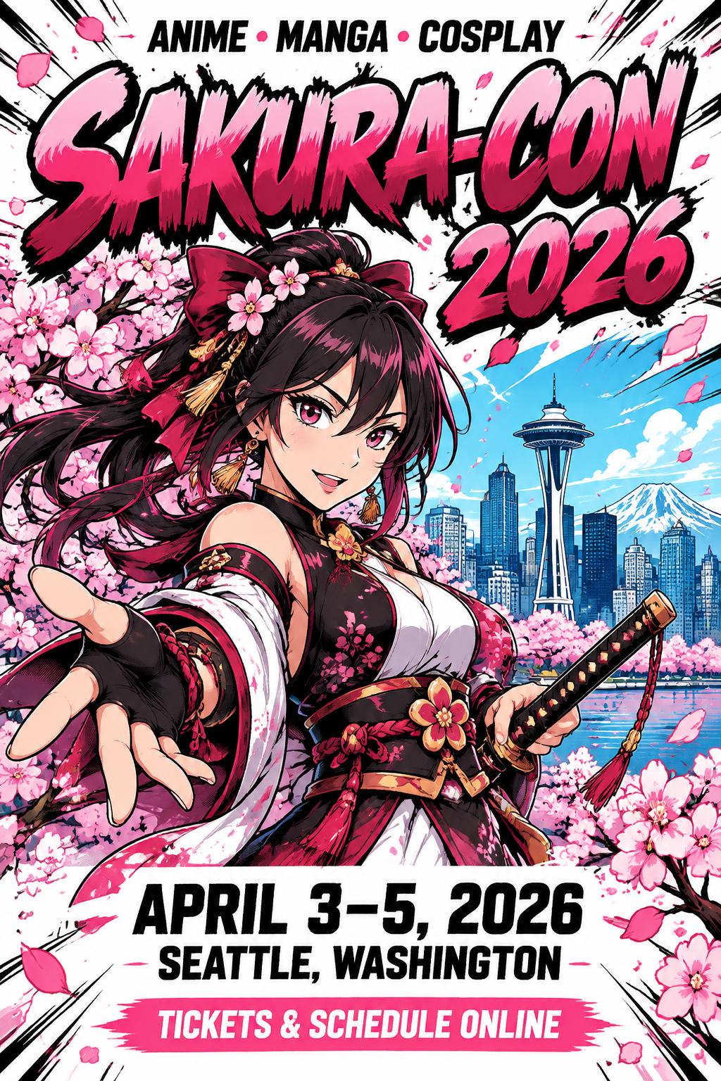 "SAKURA-CON 2026
ANIME • MANGA • COSPLAY
APRIL 3–5, 2026
SEATTLE, WASHINGTON
TICKETS & SCHEDULE ONLINE" — Anime | AI Text Effect Generator