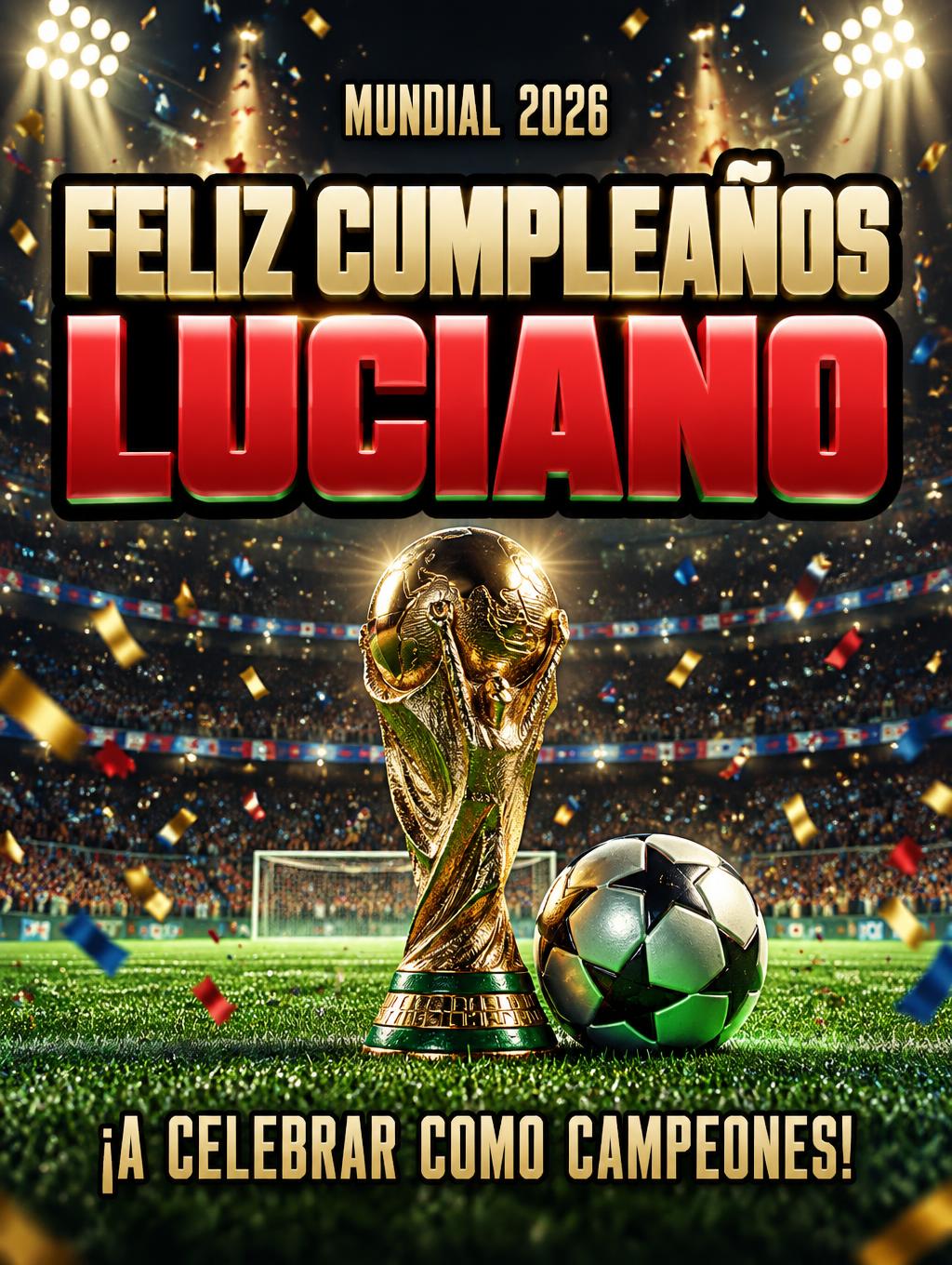 "FELIZ CUMPLEAÑOS
LUCIANO
MUNDIAL 2026
¡A CELEBRAR COMO CAMPEONES!" — Sports Football | AI Text Effect Generator