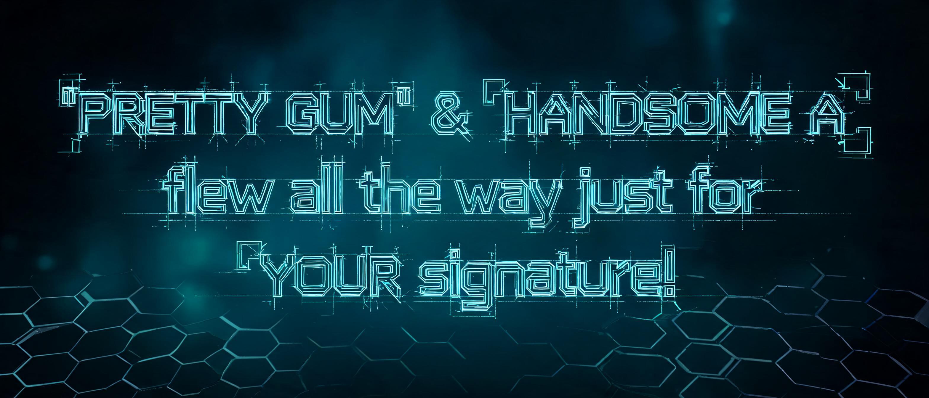 "'PRETTY GUM' & 'HANDSOME A' flew all the way just for YOUR signature!"" — Cyberpunk Hologram text effect