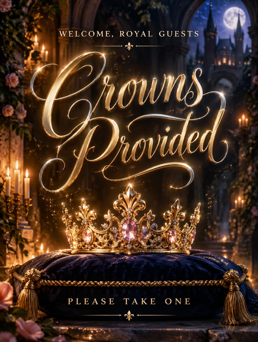 "Crowns Provided
WELCOME, ROYAL GUESTS
PLEASE TAKE ONE" — Fairy Tale | AI Text Effect Generator