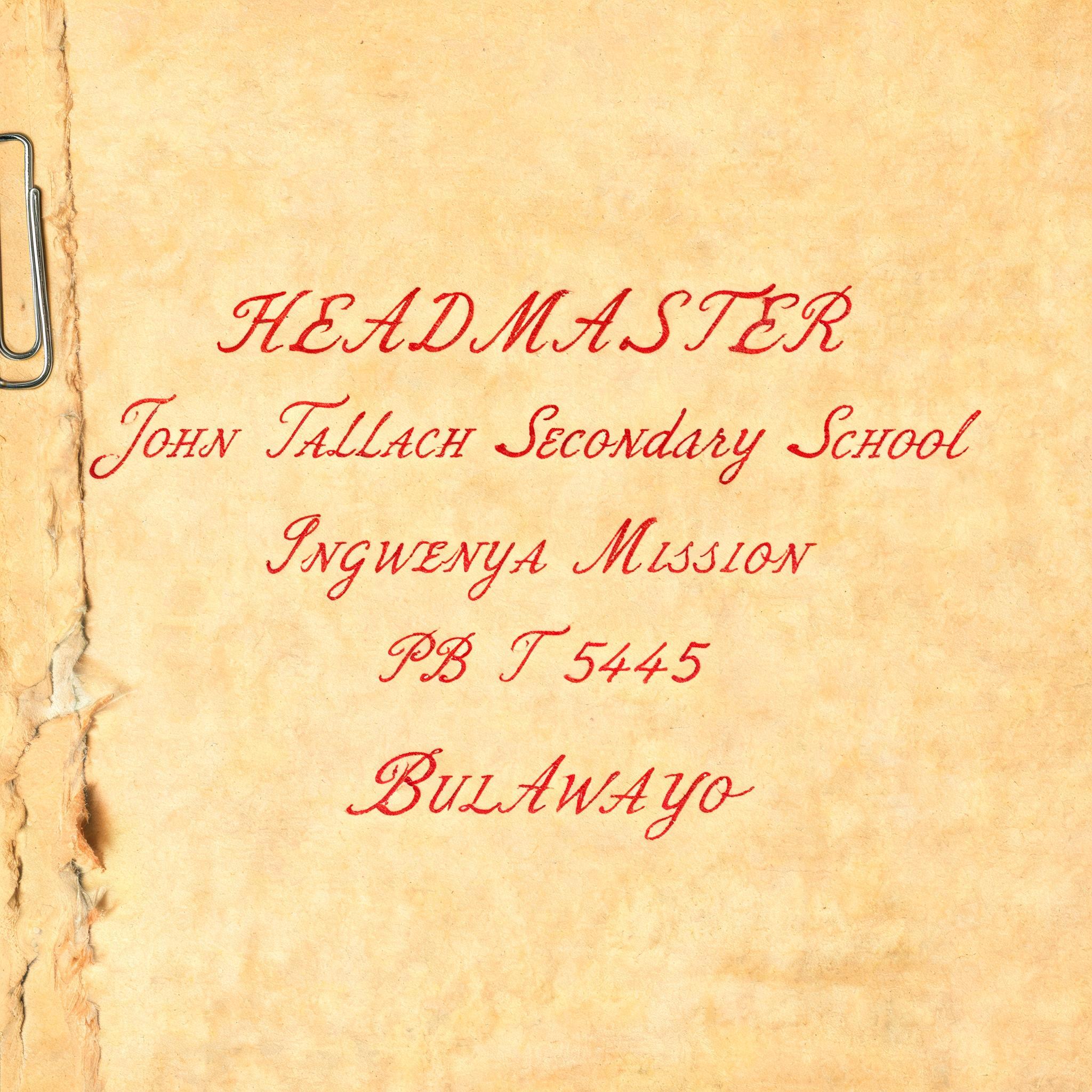 "HEADMASTER
	JOHN TALLACH SECONDARY SCHOOL
		  INGWENYA MISSION
                PB T 5445
		       BULAWAYO" — Vintage | AI Text Effect Generator