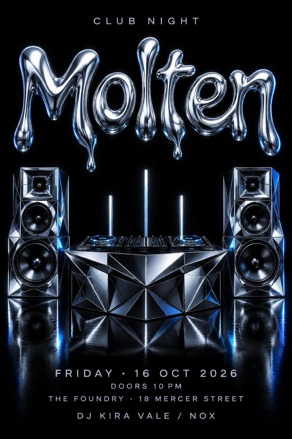 "Molten
CLUB NIGHT
FRIDAY · 16 OCT 2026
DOORS 10 PM
THE FOUNDRY · 18 MERCER STREET
DJ KIRA VALE / NOX" — Chrome Metal 3d | AI Text Effect Generator