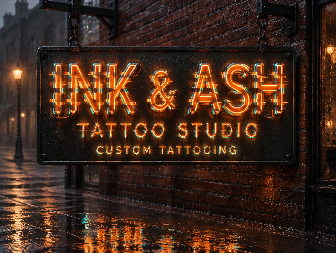 "INK & ASH
TATTOO STUDIO
CUSTOM TATTOOING" — Cyberpunk Electric Neon text effect