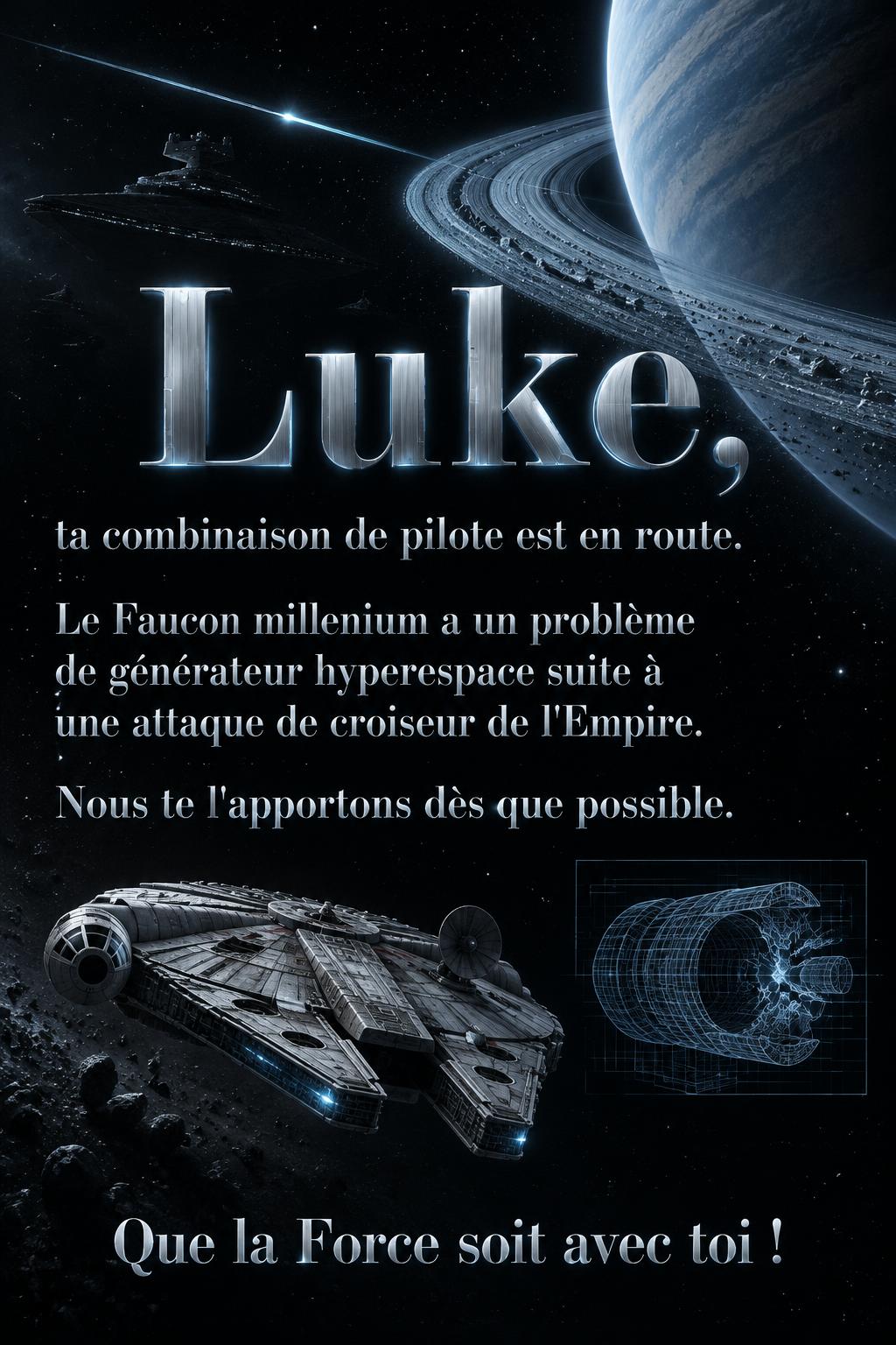 "Luke,
ta combinaison de pilote est en route.
Le Faucon millenium a un problème de générateur hyperespace suite à une attaque de croiseur de l'Empire.
Nous te l'apportons dès que possible.
Que la Force soit avec toi !" — Cinematic Scifi | AI Text Effect Generator