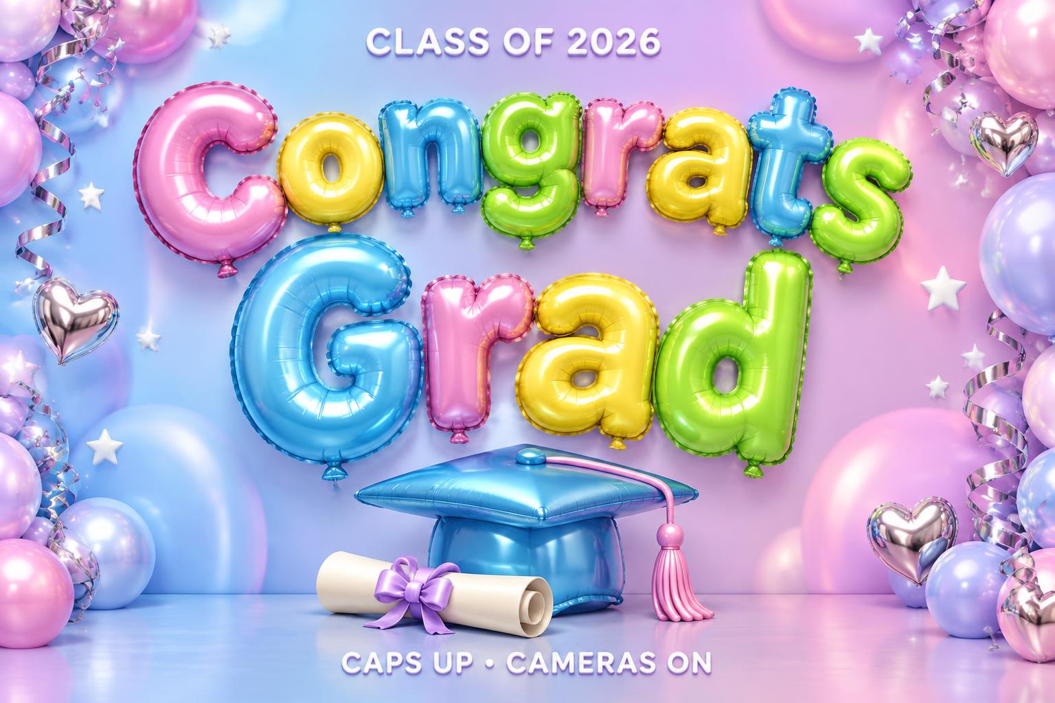 "Congrats Grad
CLASS OF 2026
CAPS UP • CAMERAS ON" — Y2k Bubbly | AI Text Effect Generator