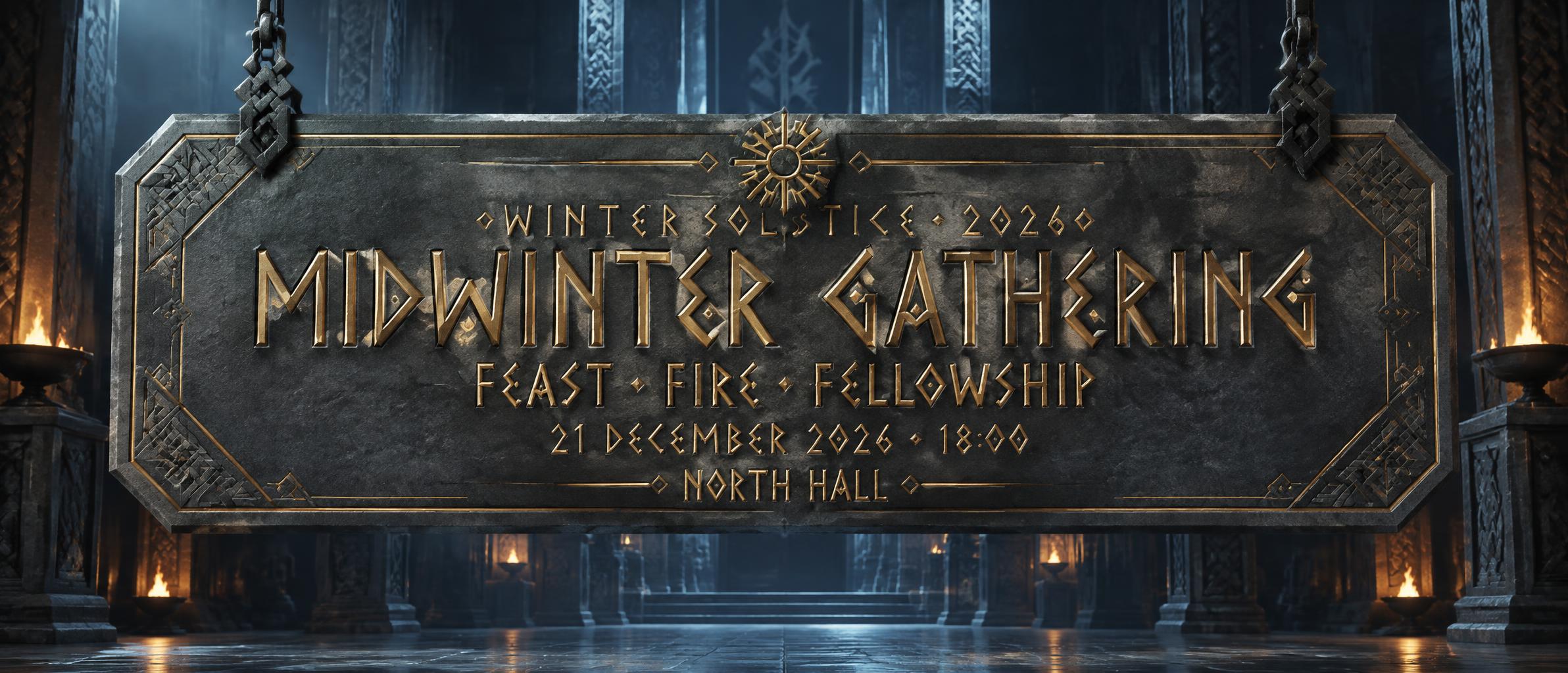 "Midwinter Gathering
WINTER SOLSTICE · 2026
FEAST · FIRE · FELLOWSHIP
21 DECEMBER 2026 · 18:00
NORTH HALL" — Viking Runic | AI Text Effect Generator