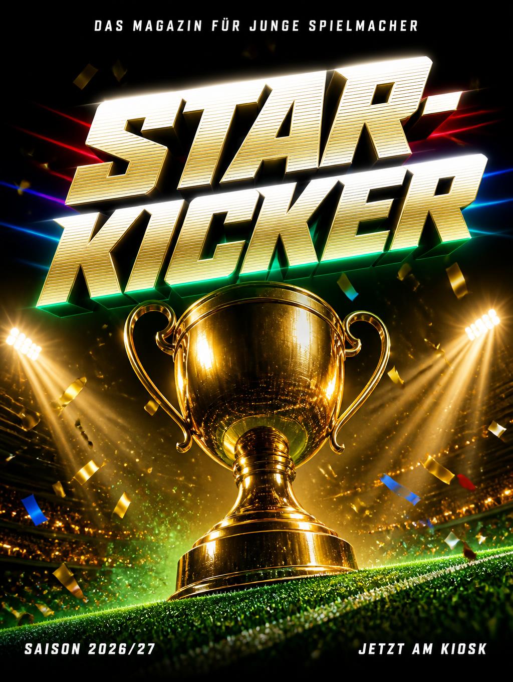 "STAR-
KICKER
DAS MAGAZIN FÜR JUNGE SPIELMACHER
SAISON 2026/27
JETZT AM KIOSK" — Sports Football | AI Text Effect Generator