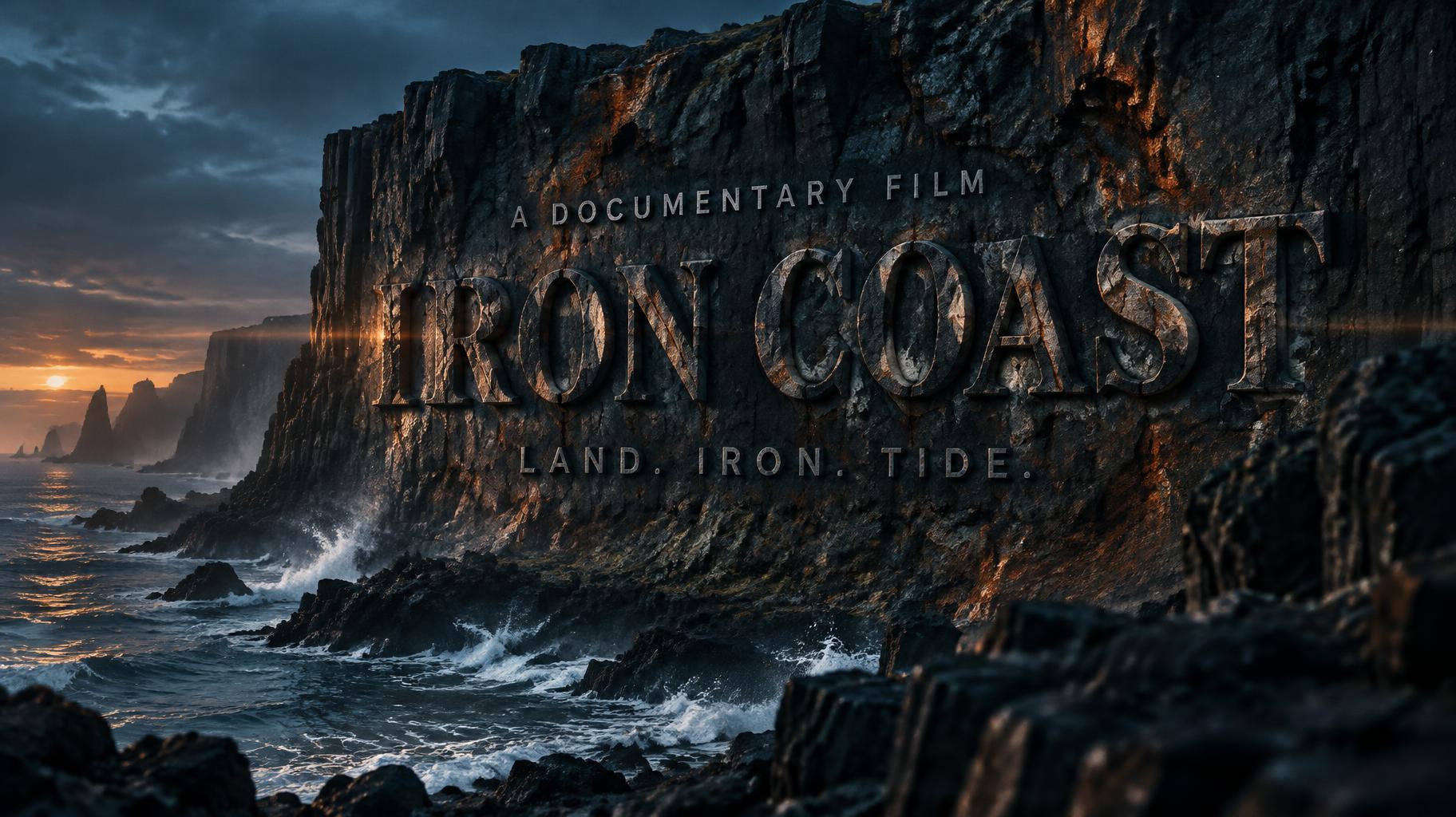 "IRON COAST
A DOCUMENTARY FILM
LAND. IRON. TIDE." — Cinematic Netflix | AI Text Effect Generator