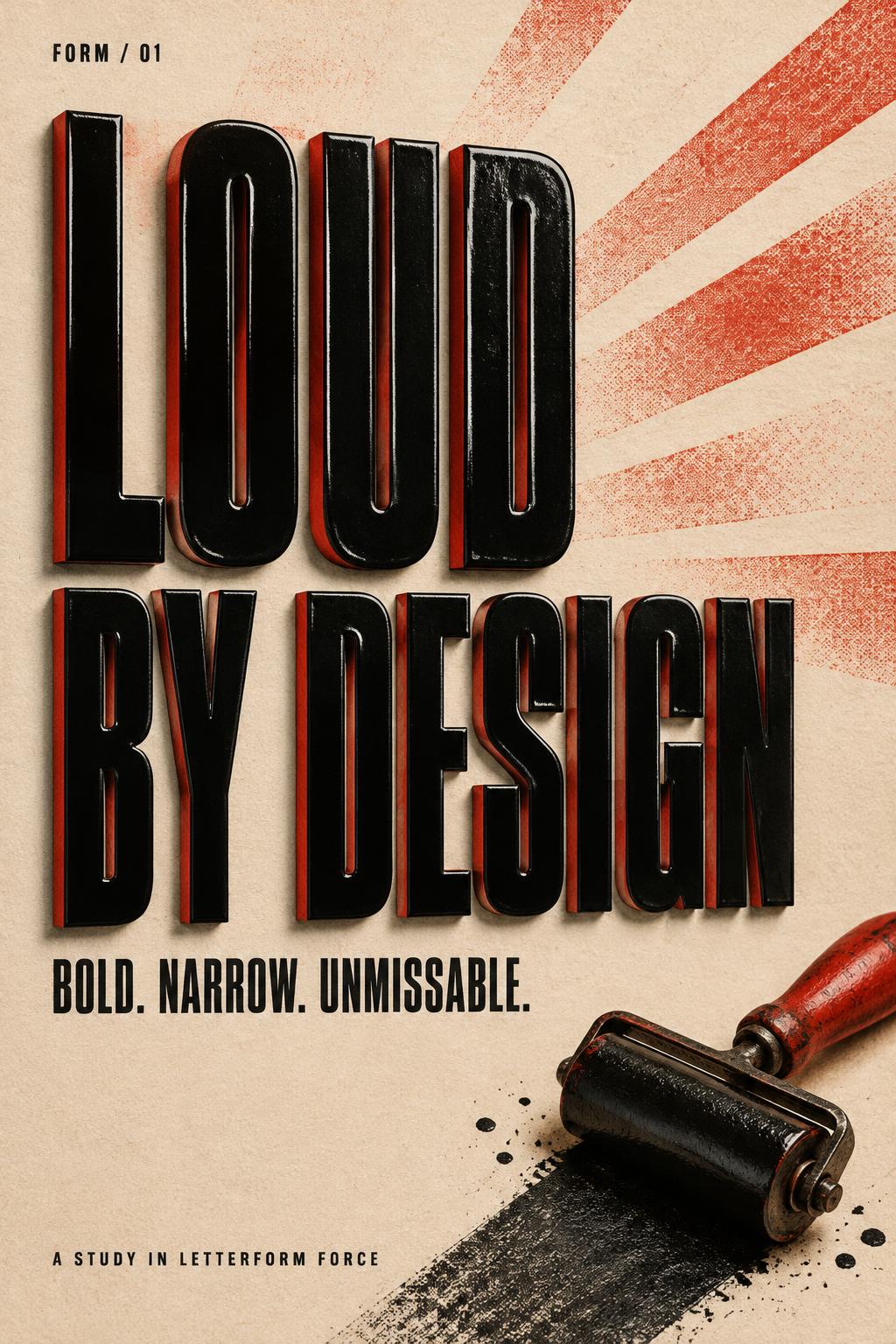 "LOUD BY DESIGN
BOLD. NARROW. UNMISSABLE.
A STUDY IN LETTERFORM FORCE
FORM / 01" — Enamel Letterpress | AI Text Effect Generator