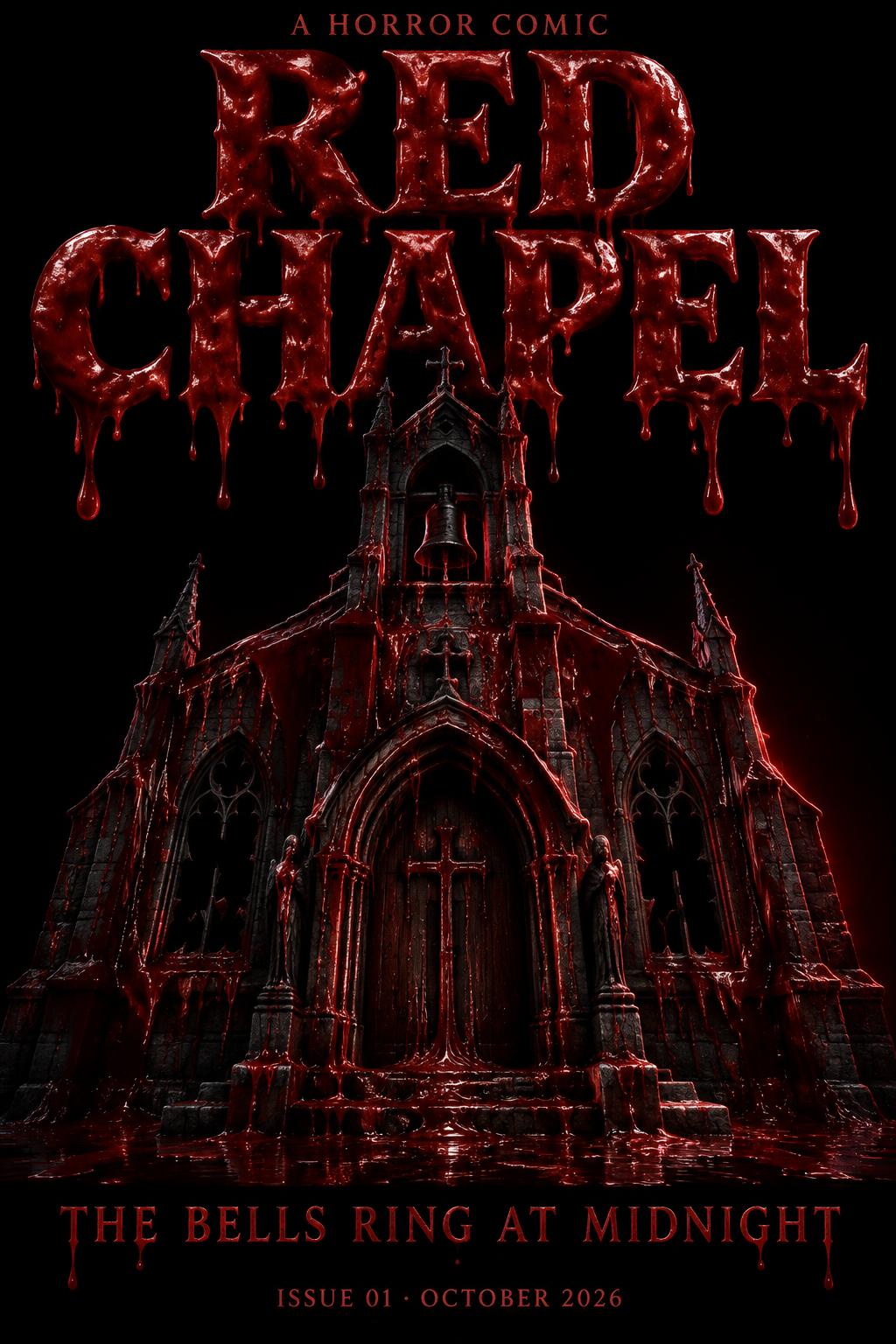 "RED CHAPEL
A HORROR COMIC
THE BELLS RING AT MIDNIGHT
ISSUE 01 · OCTOBER 2026" — Drip Font Blood | AI Text Effect Generator