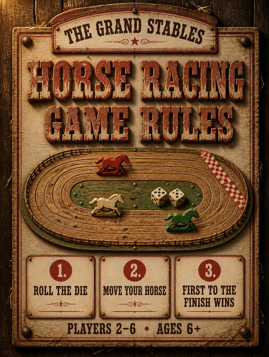 "HORSE RACING
GAME RULES
THE GRAND STABLES
1. ROLL THE DIE
2. MOVE YOUR HORSE
3. FIRST TO THE FINISH WINS
PLAYERS 2–6  •  AGES 6+" —  | AI Text Effect Generator