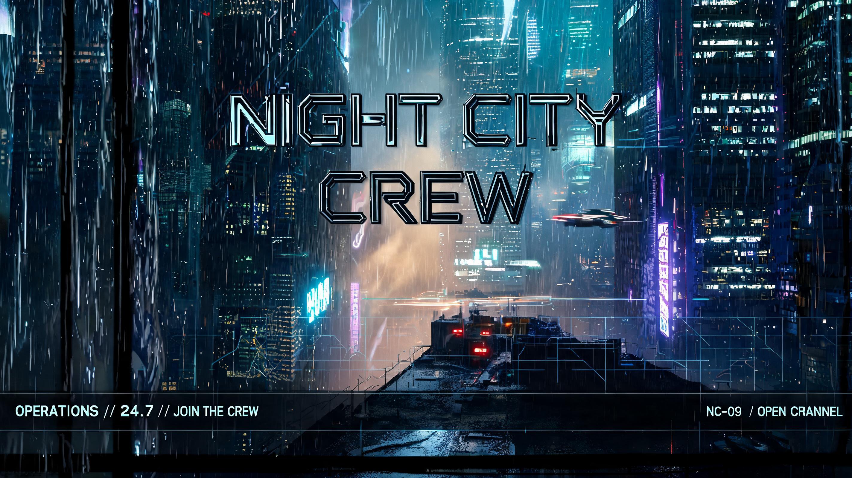 "NIGHT CITY
CREW
DISCORD GAMING SERVER
OPERATIONS // 24.7 // JOIN THE CREW
NC-09 / OPEN CHANNEL" — Cyberpunk 2077 | AI Text Effect Generator