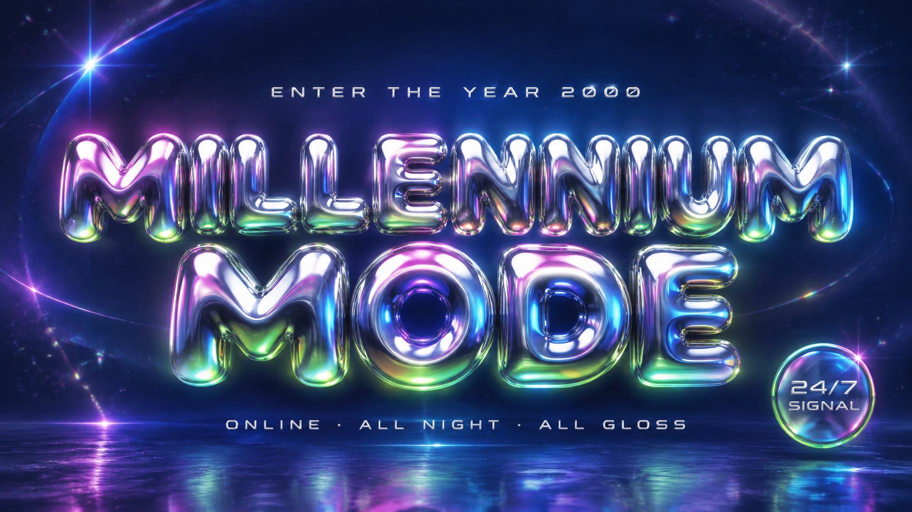 "MILLENNIUM
MODE
ENTER THE YEAR 2000
ONLINE · ALL NIGHT · ALL GLOSS
24/7 SIGNAL" — Y2k | AI Text Effect Generator