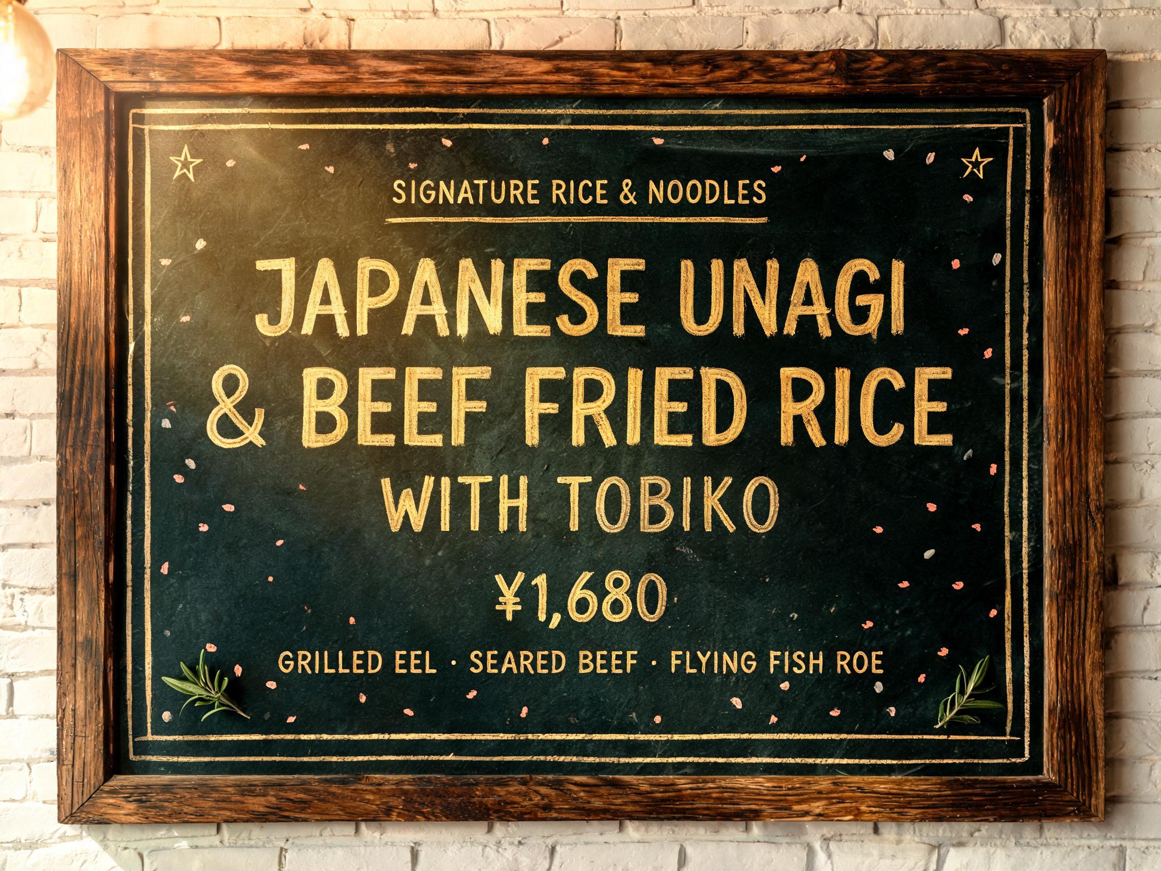 "SIGNATURE RICE & NOODLES
JAPANESE UNAGI
& BEEF FRIED RICE
WITH TOBIKO
¥1,680
GRILLED EEL · SEARED BEEF · FLYING FISH ROE" — Chalk | AI Text Effect Generator