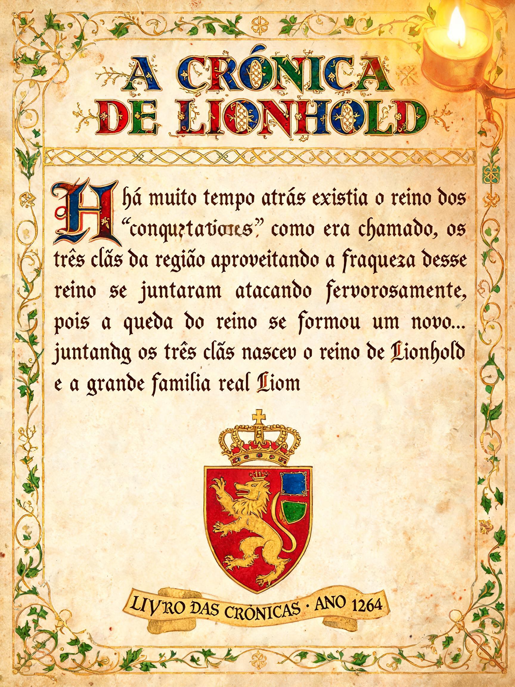 "A CRÓNICA
DE LIONHOLD
há muito tempo atrás existia o reino dos "conquistadores" como era chamado, os três clãs da região aproveitando a fraqueza desse reino se juntaram atacando fervorosamente, pois a queda do reino se formou um novo.. juntando os três clãs nasceu o reino de Lionhold e a grande família real Lion
LIVRO DAS CRÓNICAS · ANO 1264" — Medieval | AI Text Effect Generator