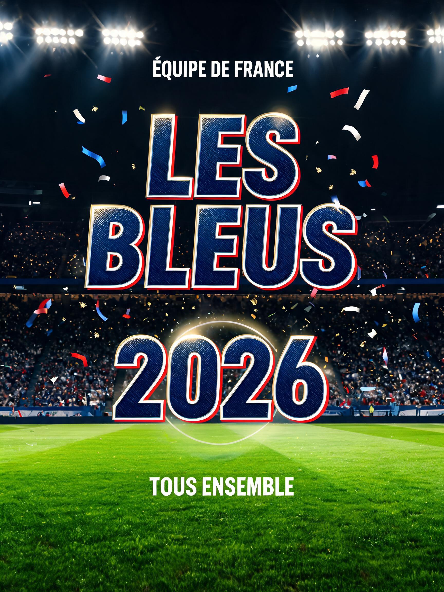 "LES BLEUS
ÉQUIPE DE FRANCE
2026
TOUS ENSEMBLE" — Sports Football | AI Text Effect Generator