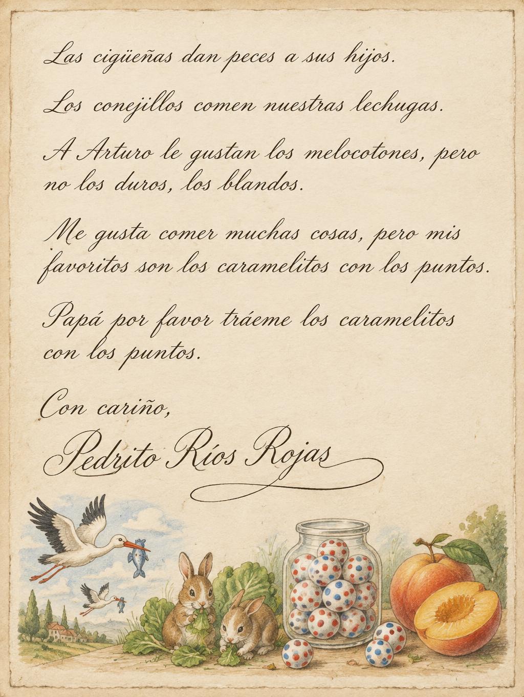 "Las cigüeñas dan peces a sus hijos.
Los conejillos comen nuestras lechugas.
A Arturo le gustan los melocotones, pero no los duros, los blandos.
Me gusta comer muchas cosas, pero mis favoritos son los caramelitos con los puntos.
Papá por favor tráeme los caramelitos con los puntos.
Con cariño,
Pedrito Ríos Rojas" —  | AI Text Effect Generator