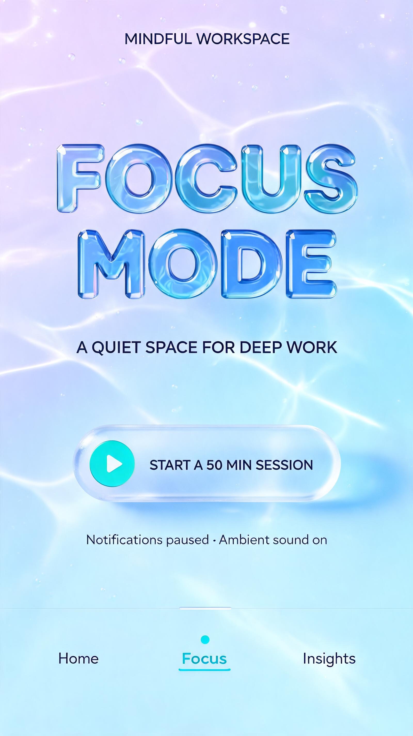FOCUS
MODE
MINDFUL WORKSPACE
A QUIET SPACE FOR DEEP WORK
START A 50 MIN SESSION
Notifications paused · Ambient sound on
Home
Focus
Insights