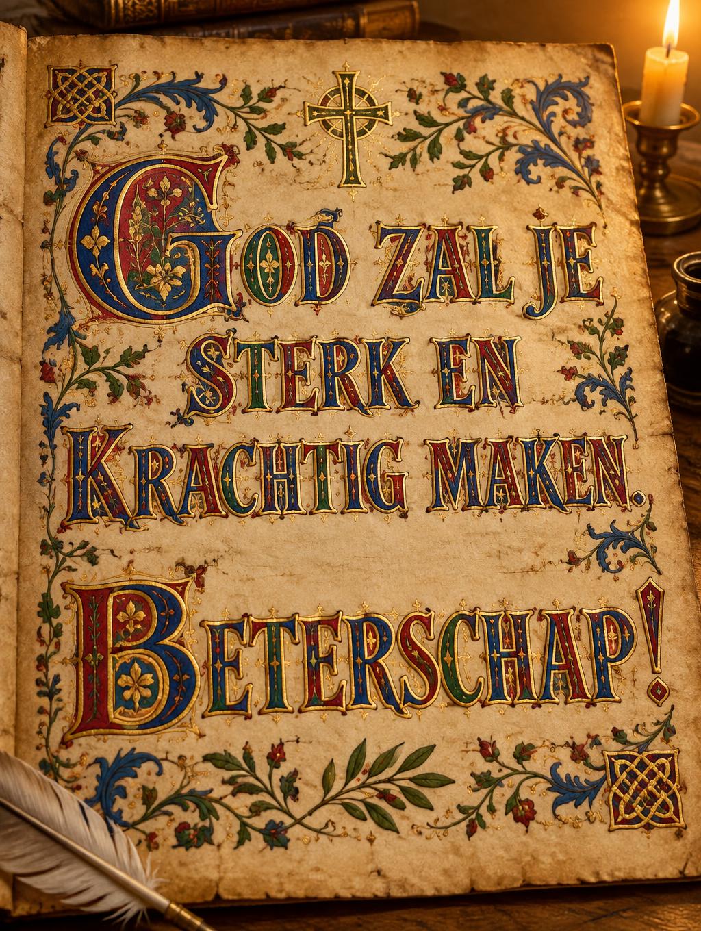 "God zal je sterk en krachtig maken. Beterschap!" — Medieval | AI Text Effect Generator