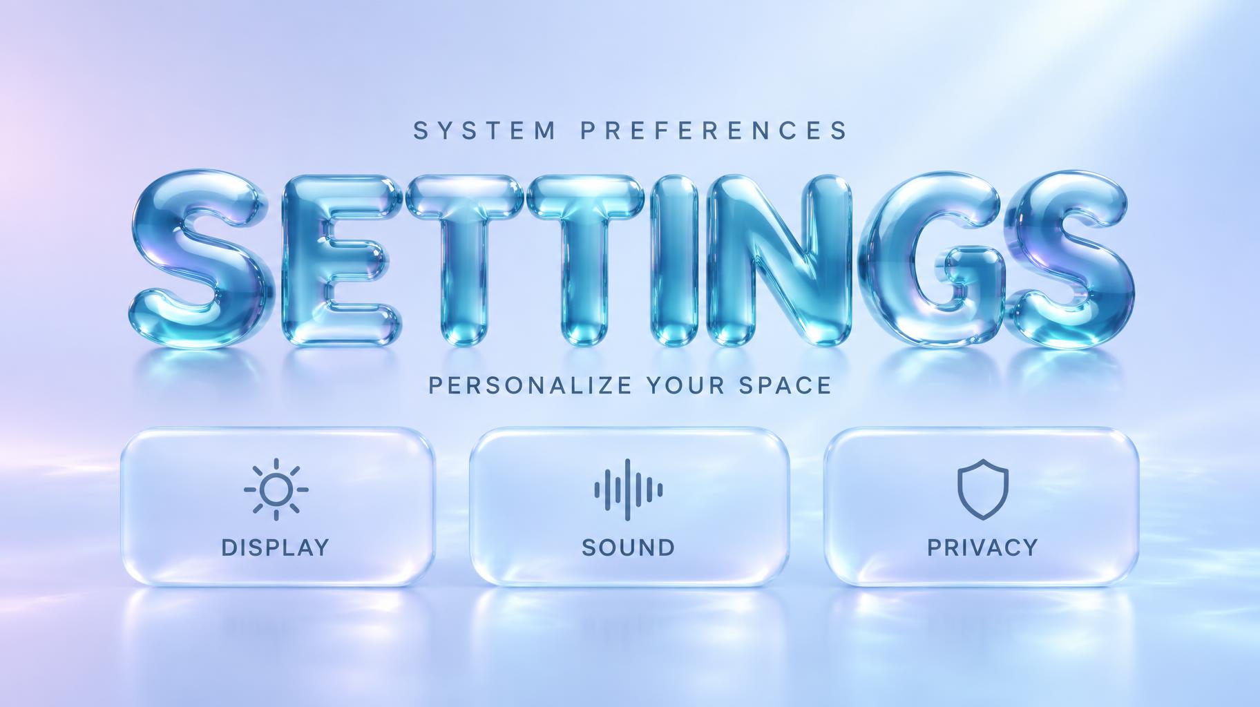 "SETTINGS
SYSTEM PREFERENCES
PERSONALIZE YOUR SPACE
DISPLAY · SOUND · PRIVACY" — Glass Liquid | AI Text Effect Generator