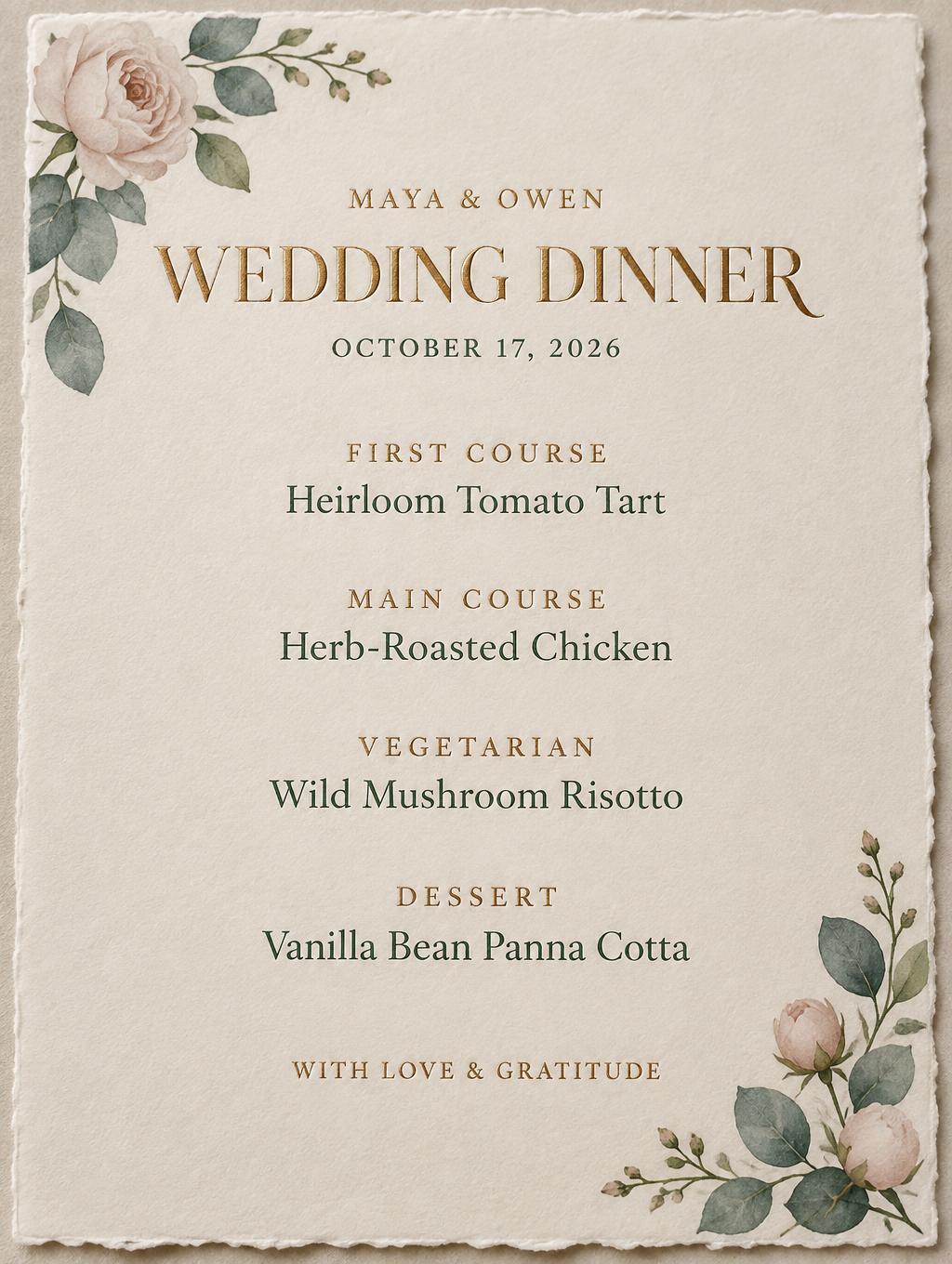 "MAYA & OWEN
WEDDING DINNER
OCTOBER 17, 2026
FIRST COURSE
Heirloom Tomato Tart
MAIN COURSE
Herb-Roasted Chicken
VEGETARIAN
Wild Mushroom Risotto
DESSERT
Vanilla Bean Panna Cotta
WITH LOVE & GRATITUDE" — Wedding | AI Text Effect Generator