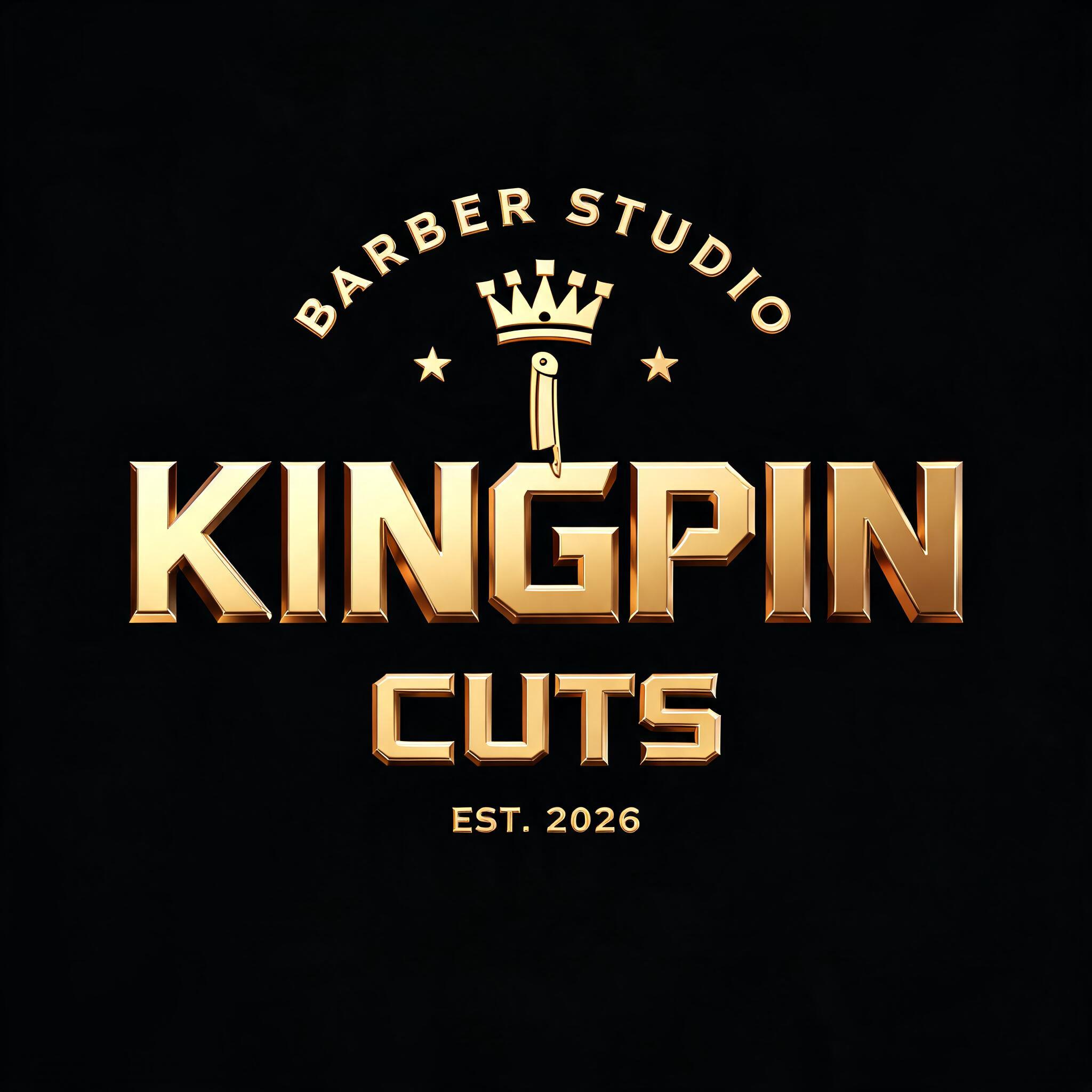 "KINGPIN
CUTS
BARBER STUDIO
EST. 2026" — 3d Bold Gold | AI Text Effect Generator