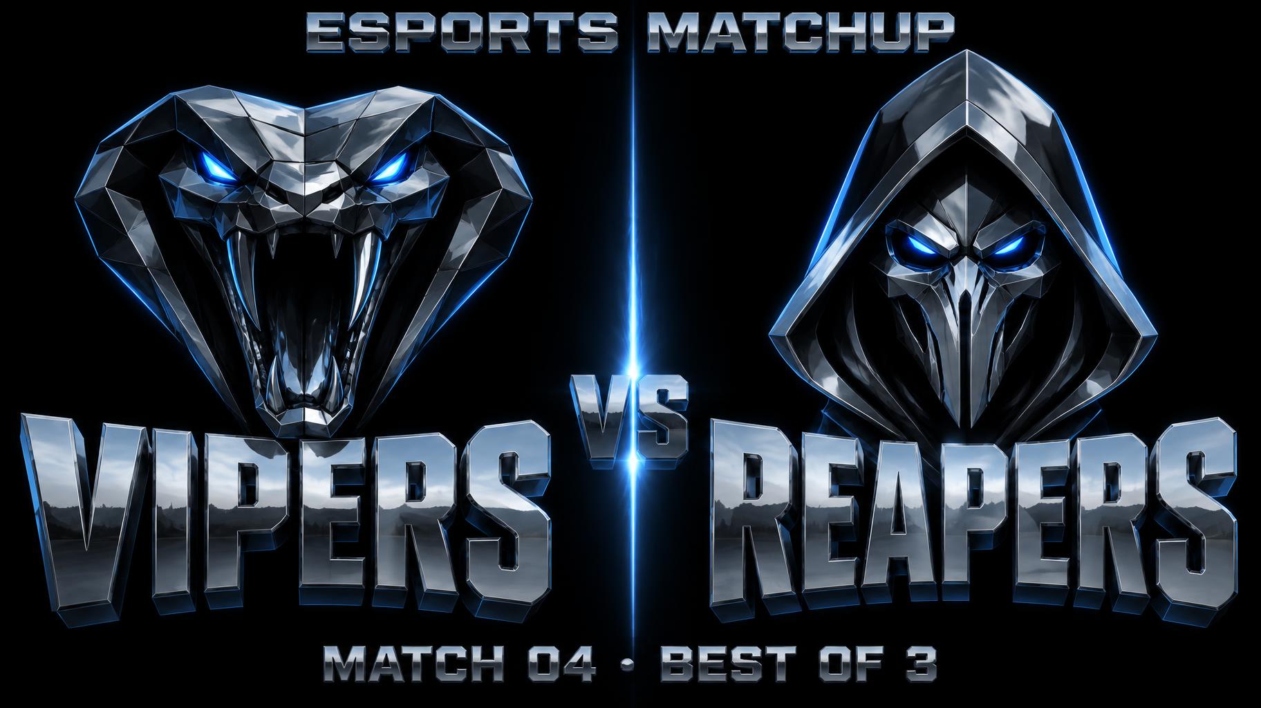 "VIPERS
REAPERS
VS
ESPORTS MATCHUP
MATCH 04 · BEST OF 3" — Chrome Metal 3d | AI Text Effect Generator