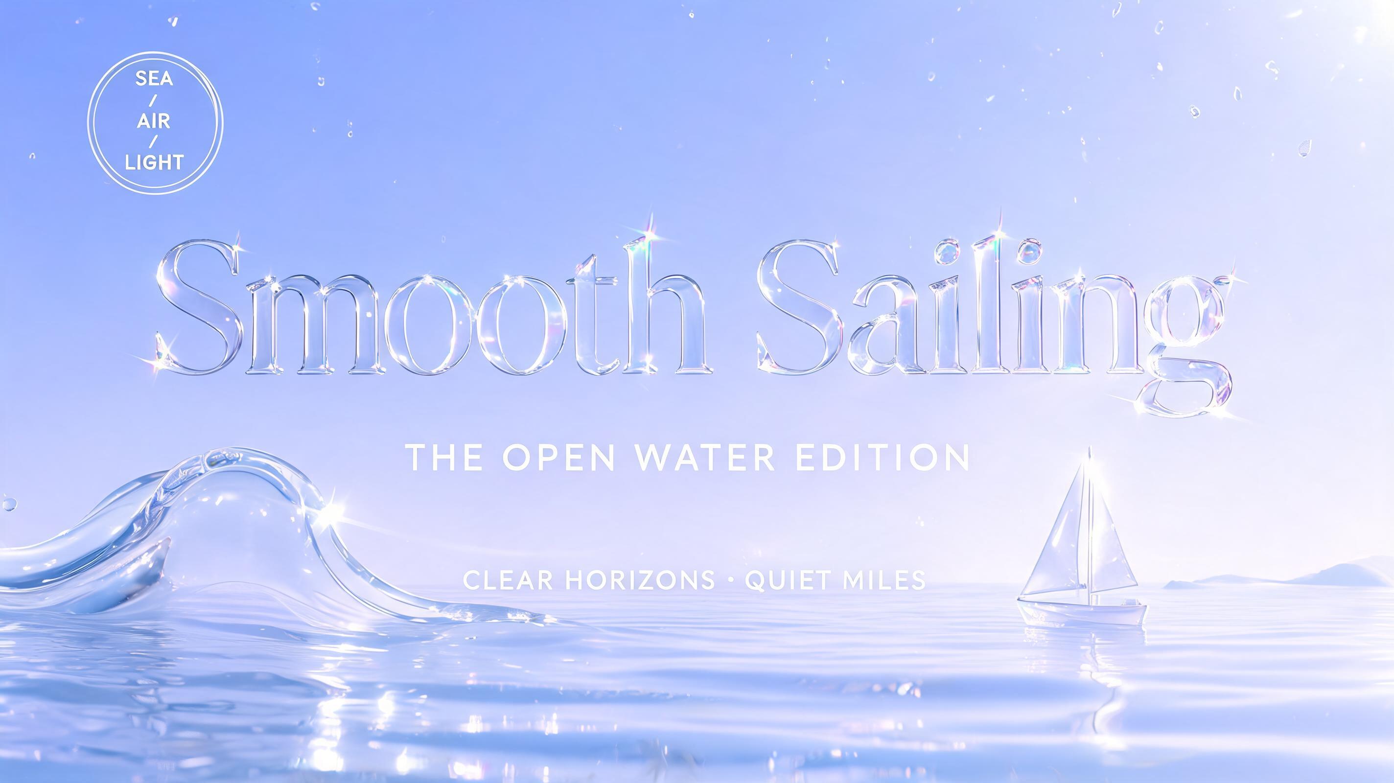 "Smooth Sailing
THE OPEN WATER EDITION
CLEAR HORIZONS · QUIET MILES
SEA / AIR / LIGHT" — Glass | AI Text Effect Generator