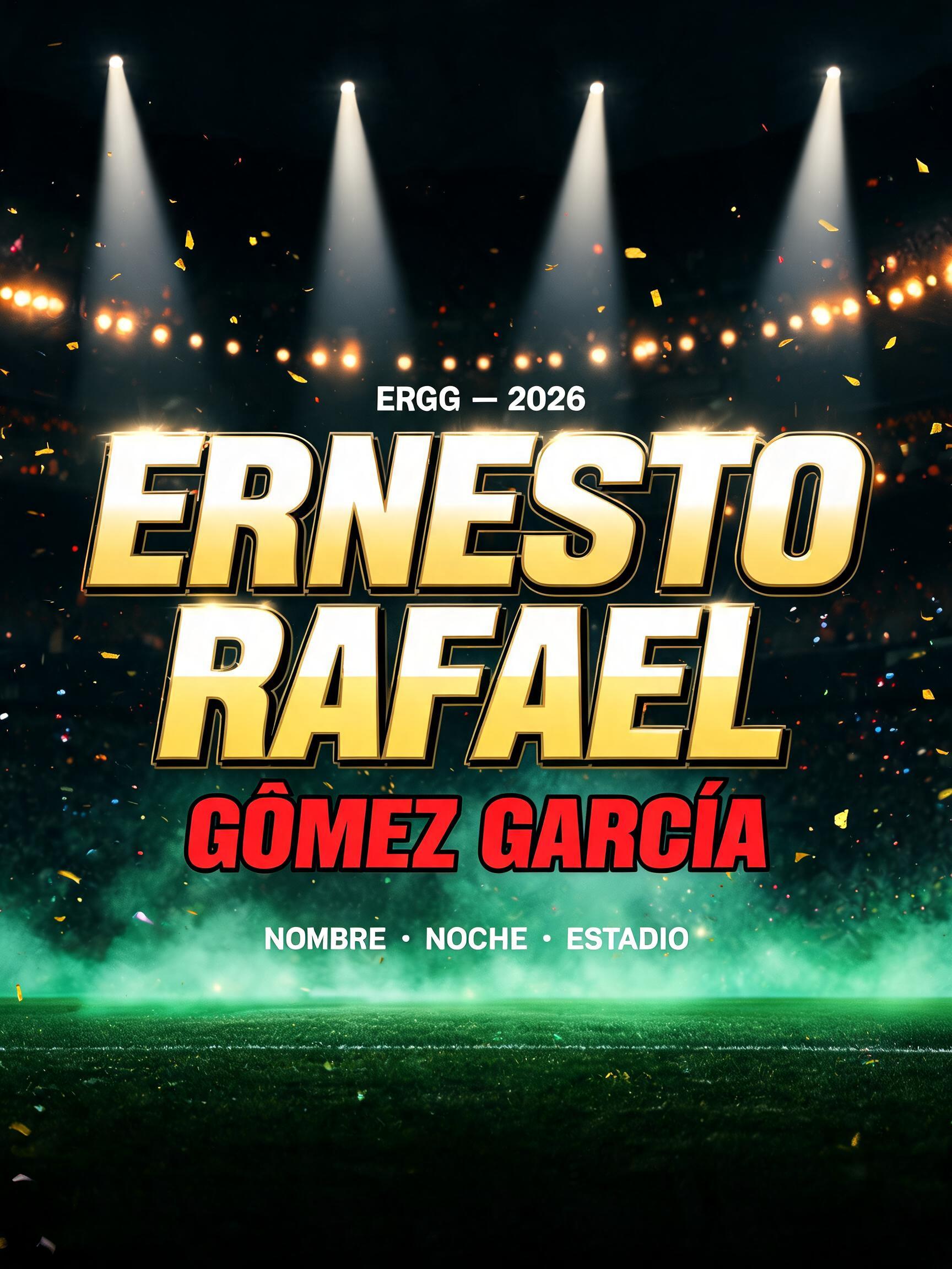 "ERNESTO
RAFAEL
GÓMEZ GARCÍA
ERGG — 2026
NOMBRE · NOCHE · ESTADIO" — Sports Football | AI Text Effect Generator
