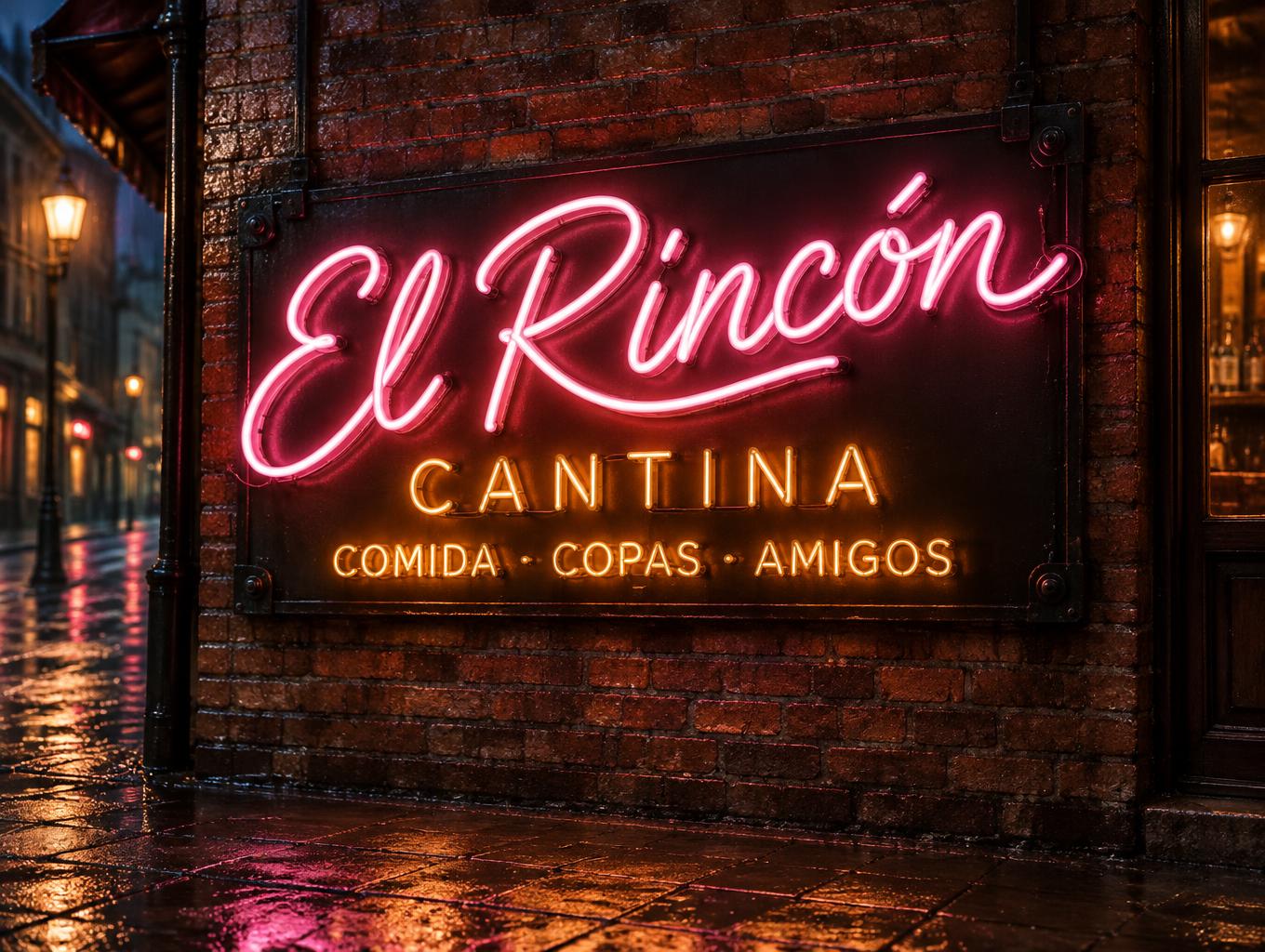 "El Rincón
CANTINA
COMIDA · COPAS · AMIGOS" — Neon Sign | AI Text Effect Generator