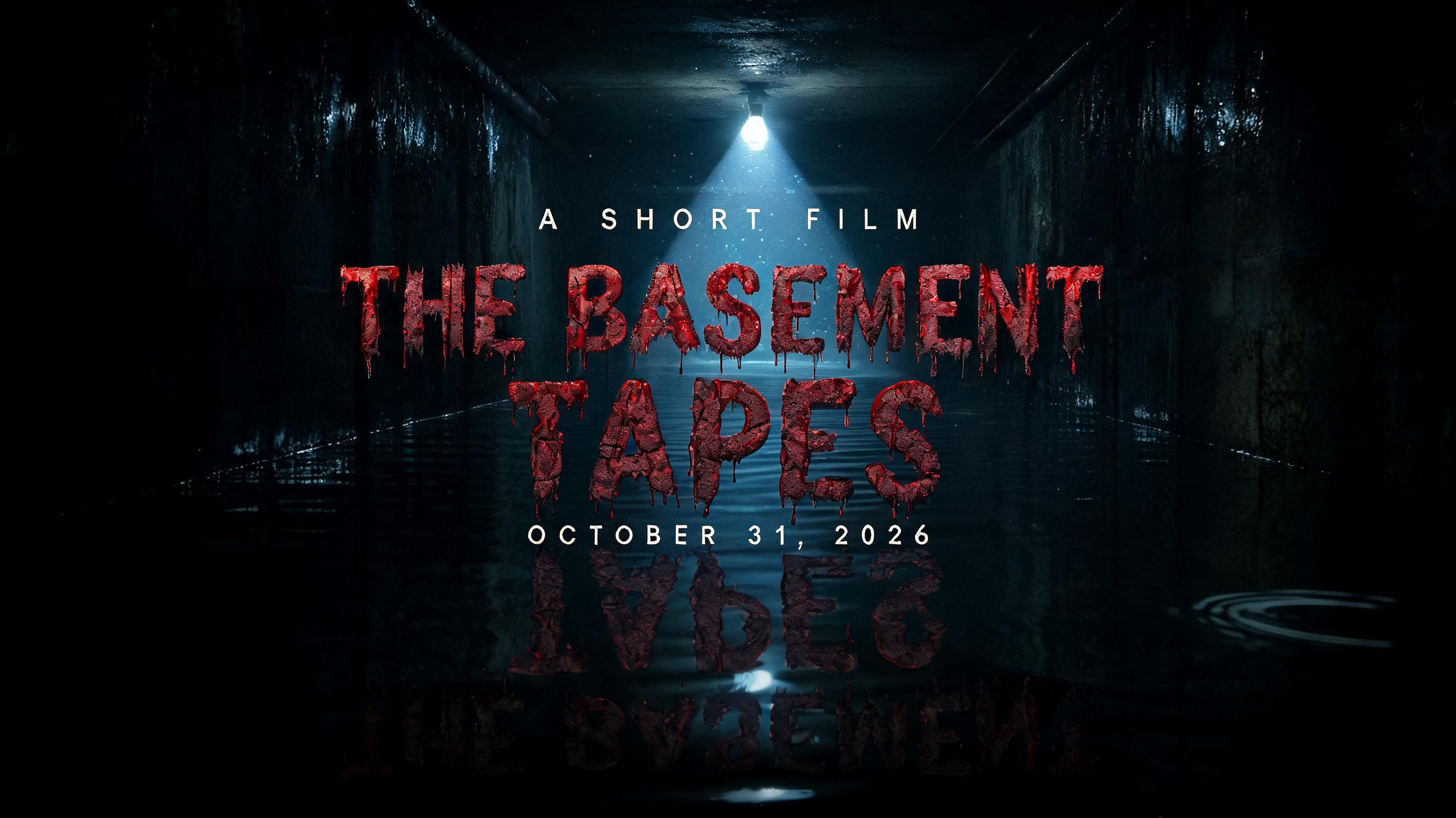 "THE BASEMENT
TAPES
A SHORT FILM
OCTOBER 31, 2026" — Cinematic Horror text effect