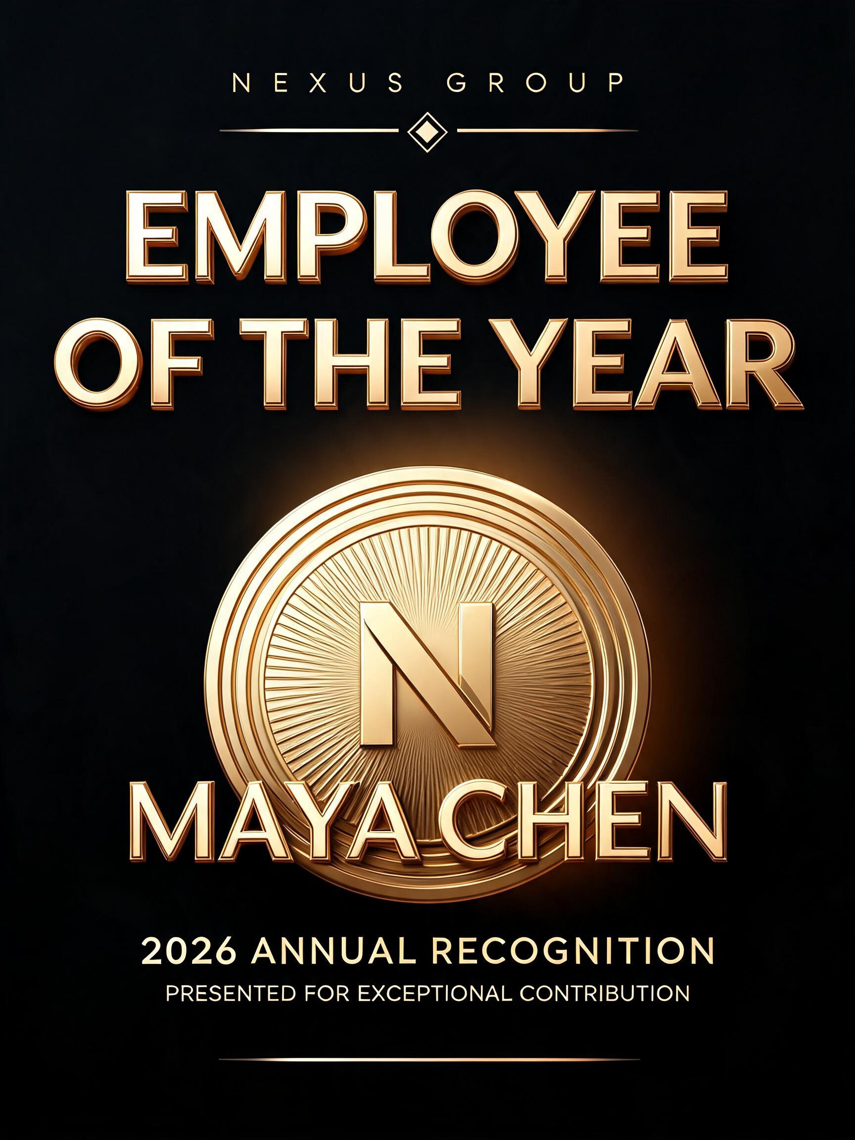 "EMPLOYEE
OF THE YEAR
MAYA CHEN
NEXUS GROUP
2026 ANNUAL RECOGNITION
PRESENTED FOR EXCEPTIONAL CONTRIBUTION" — 3d Bold Gold | AI Text Effect Generator