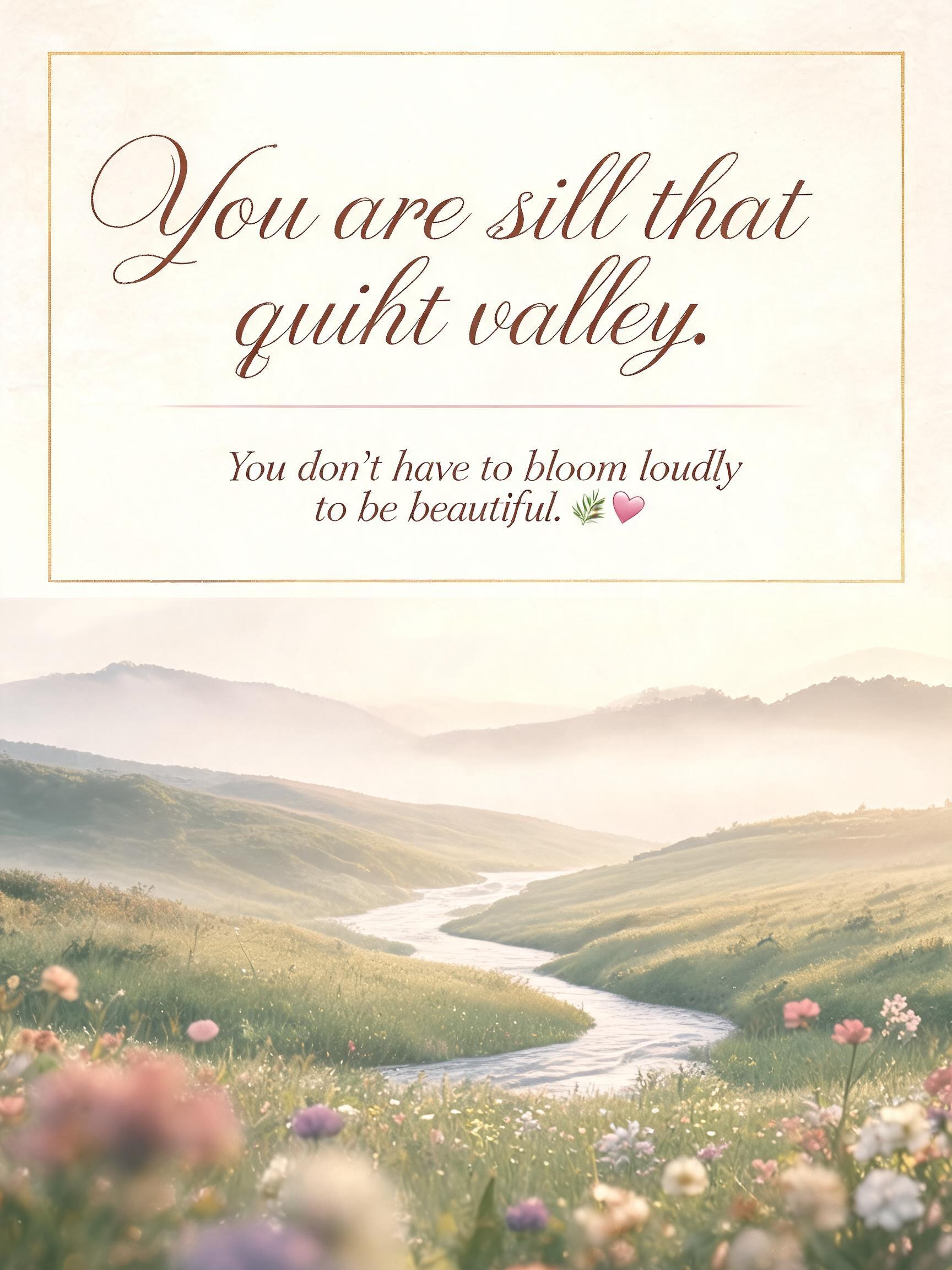 "You are still that quiet valley.
You don’t have to bloom loudly to be beautiful. 🌿🩷" —  text effect
