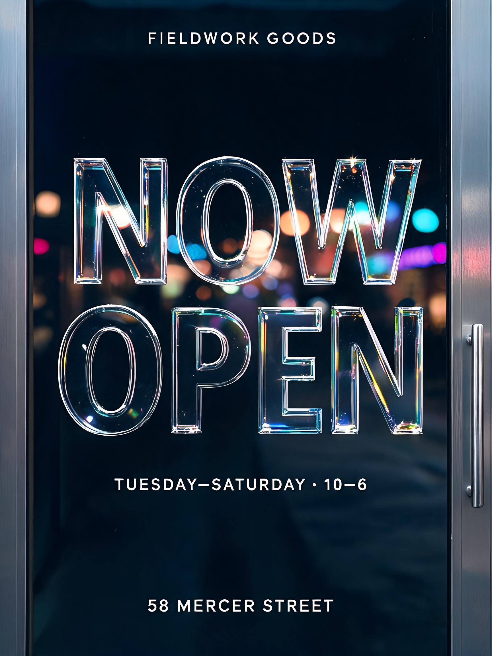 "Design a clear-glass title reading Now Open for my shop door" — Glass Morphism | AI Text Effect Generator